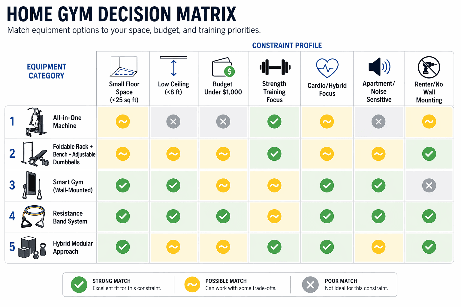 Decision matrix infographic comparing five equipment categories against seven constraint profiles, with color-coded cells indicating match strength.