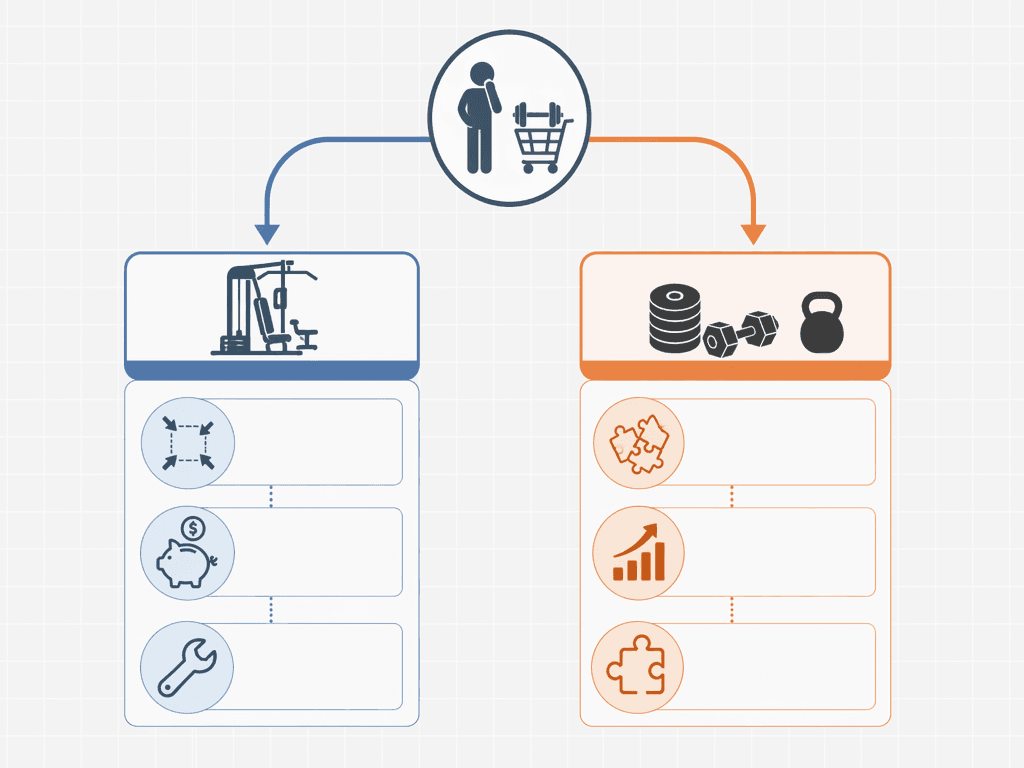 Minimal decision flowchart with a shopper icon at top branching into two paths — left path with icons representing compact footprint, lower cost, and simplicity, right path with icons representing upgradability, higher resistance, and modular replacement, in muted blue and orange vector style