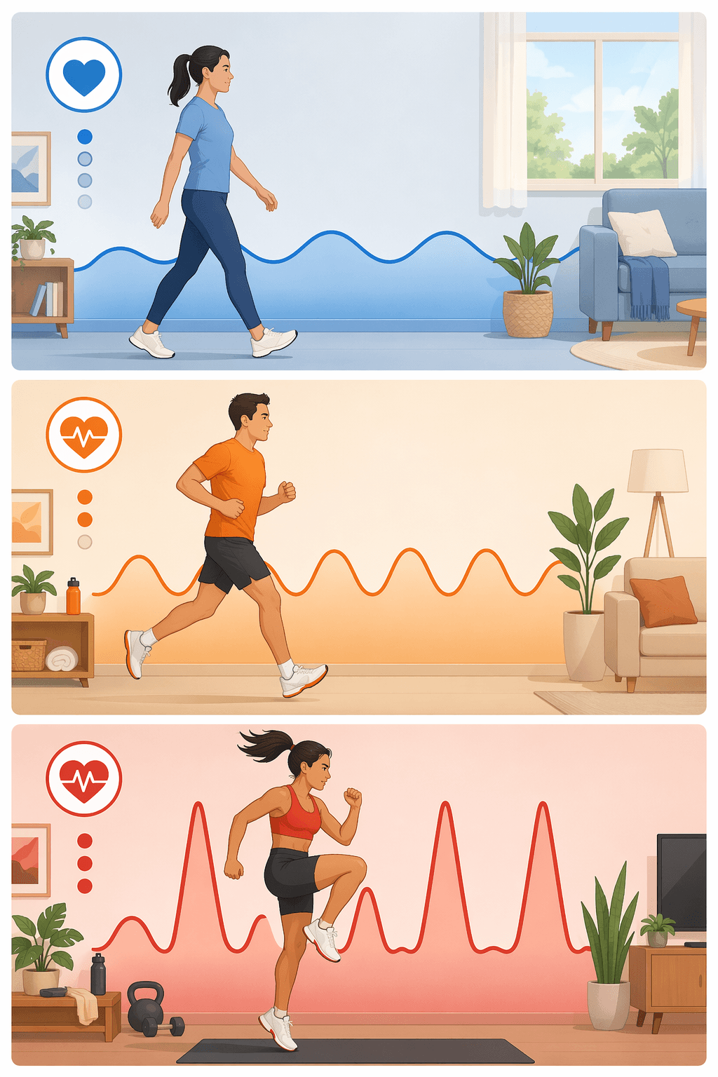 Three-panel illustration of home cardio intensity zones