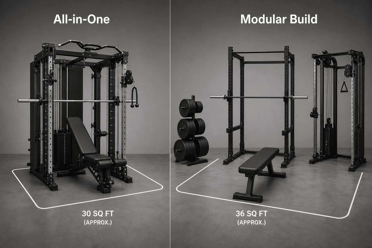 Split comparison scene on a neutral gray studio floor: left side shows a single all-in-one fitness machine with Smith machine rails and cable pulleys inside a compact floor-space outline labeled approximately 30 sq ft; right side shows a power rack with barbell, a separate bench, a cable tower, and Olympic plates on a plate tree inside a larger floor-space outline labeled approximately 36 sq ft.