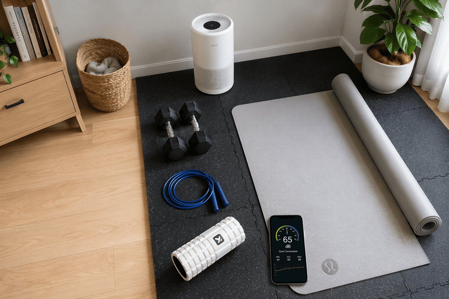 Overhead flat-lay view of a small apartment corner with dark gray interlocking rubber tiles transitioning from hardwood flooring, a partially rolled light gray yoga mat, black dumbbells, a coiled blue jump rope, a white foam roller, a small white air purifier in the corner, and a smartphone showing a 65 dB decibel meter reading, all in natural daylight