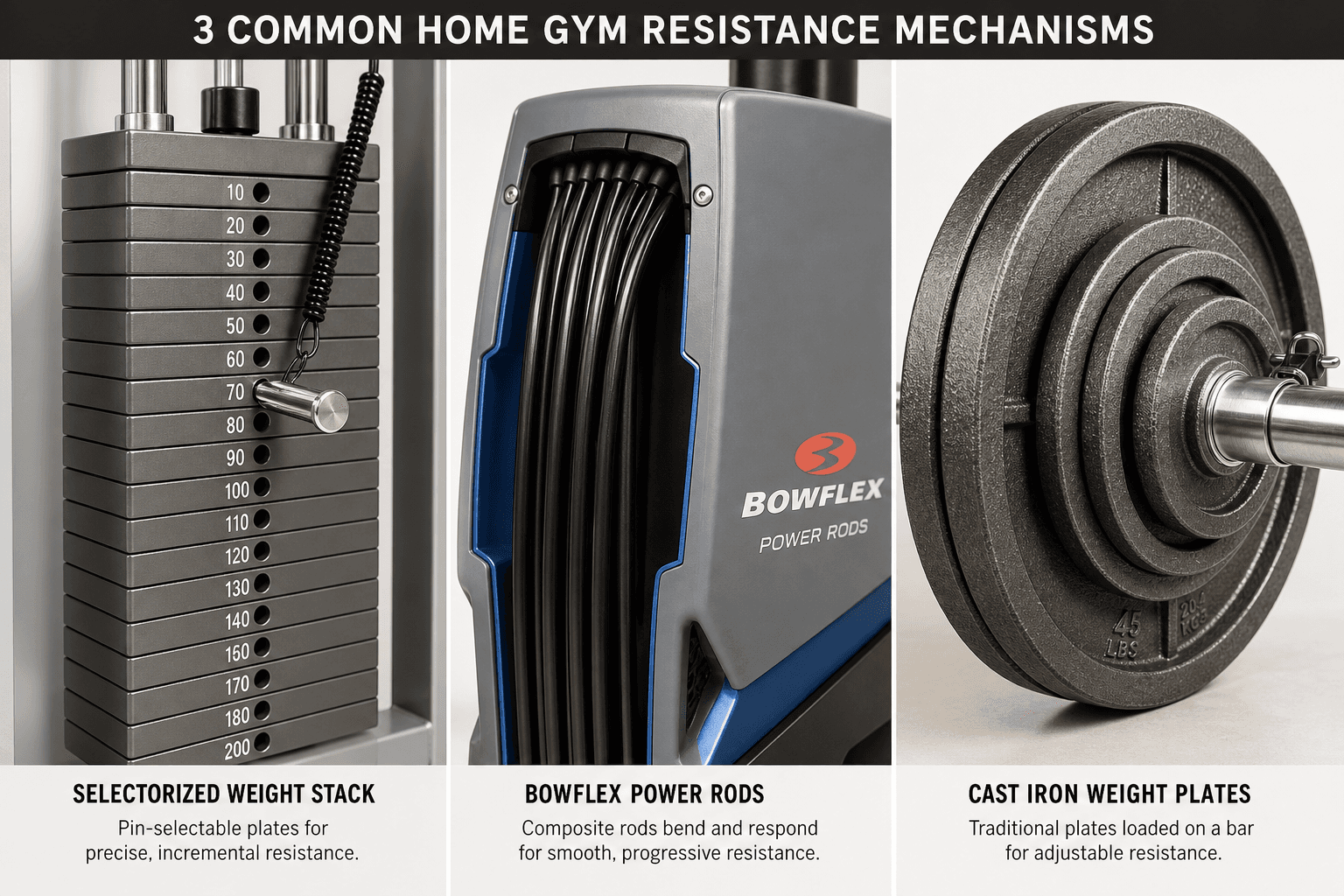 Three resistance mechanisms displayed side by side on a light background: a metal selectorized weight stack with chrome selector pin, Bowflex-style composite Power Rods in a grey and blue housing, and traditional cast iron weight plates stacked on an Olympic barbell sleeve