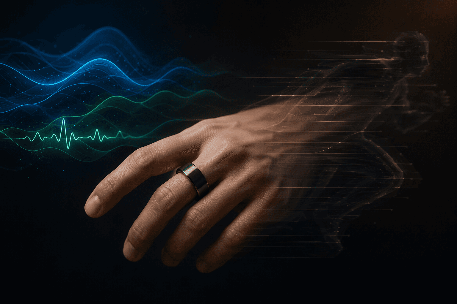 A hand wearing a minimalist smart ring with glowing physiological signals on one side and motion blur on the other