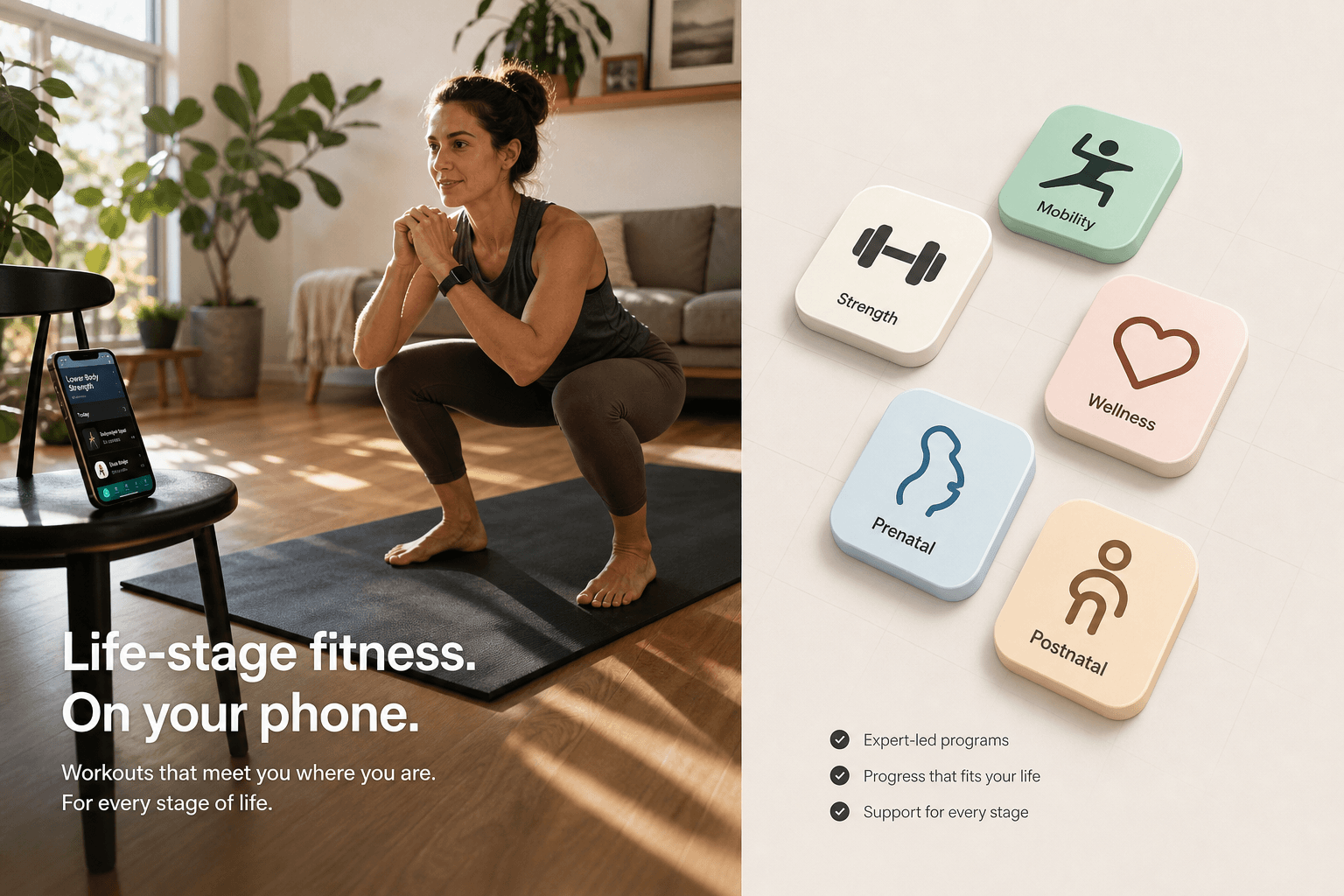 Split-screen composition showing a woman doing a bodyweight squat in a sunlit living room with a phone propped on a chair displaying a fitness app interface, alongside a floating isometric grid of app icons.