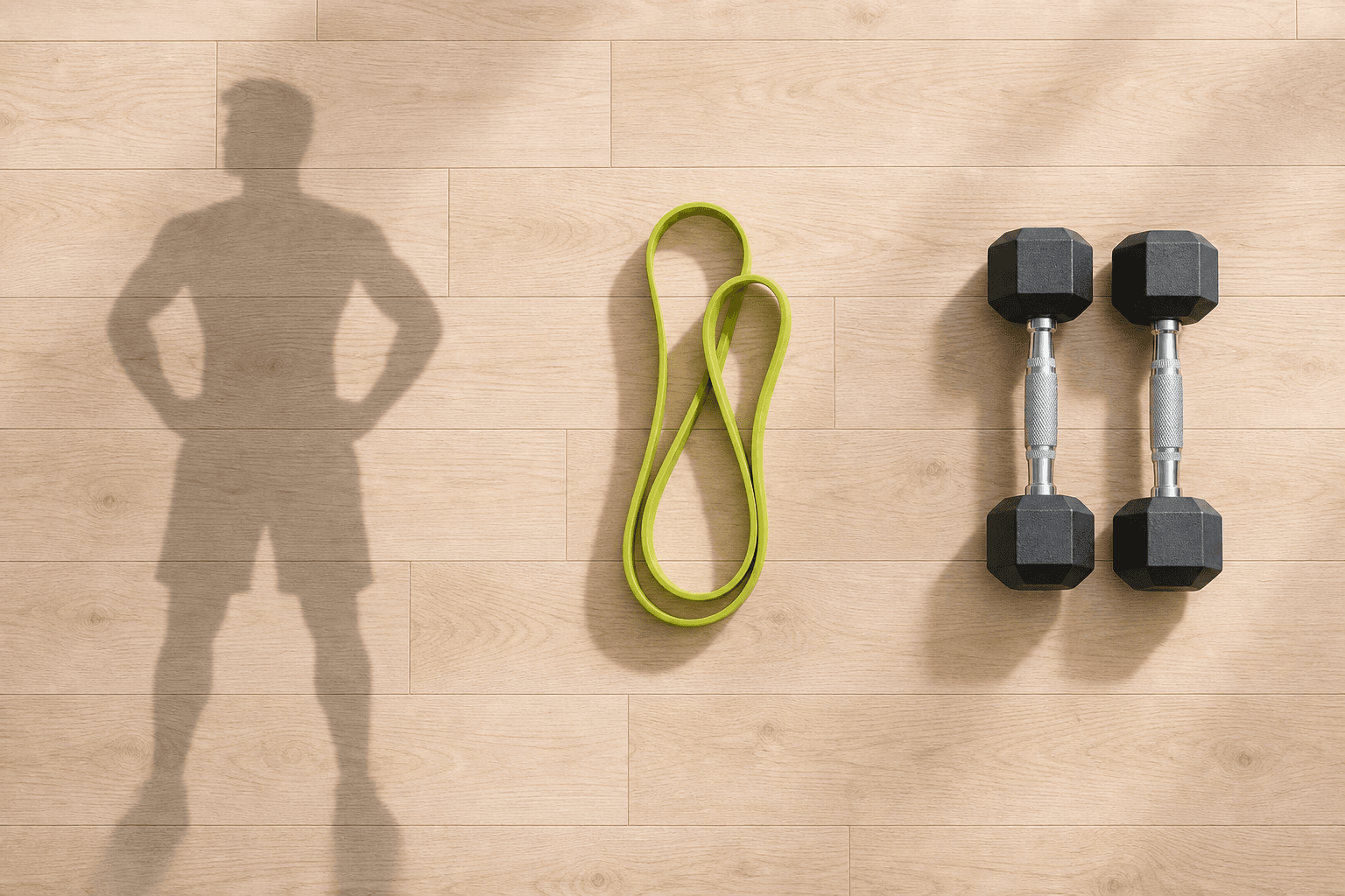Top-down view of three home training options on a wooden floor: open floor space for bodyweight, a green resistance band, and a pair of dumbbells.