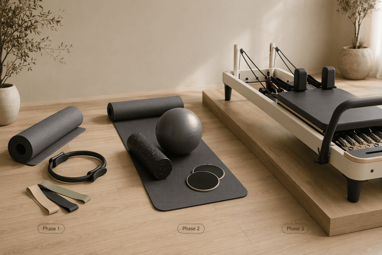 Left-to-right progression of Pilates home equipment from mat, ring, and bands to roller, ball, sliders, and reformer