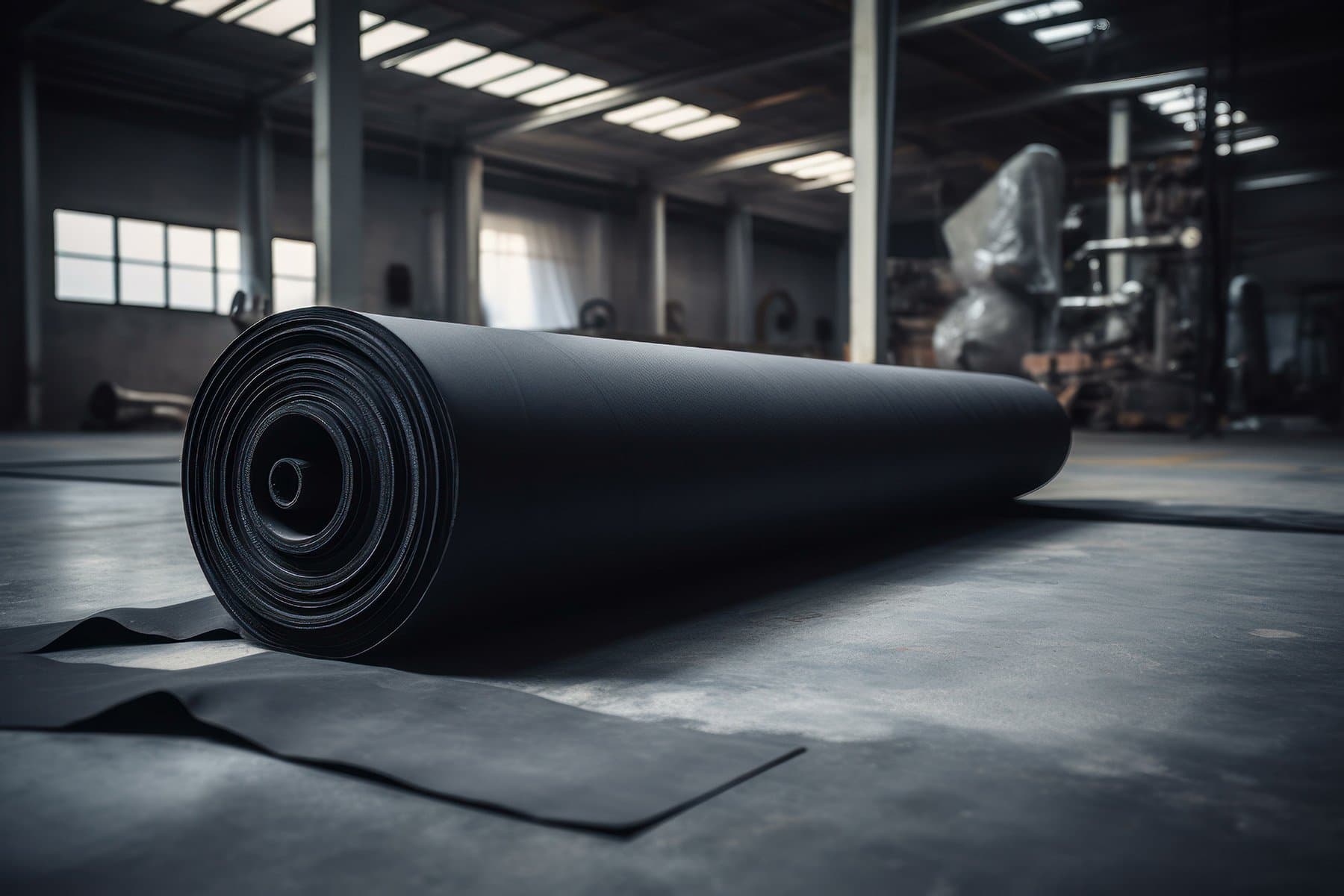 A wide black rubber flooring roll being installed across a concrete home gym floor