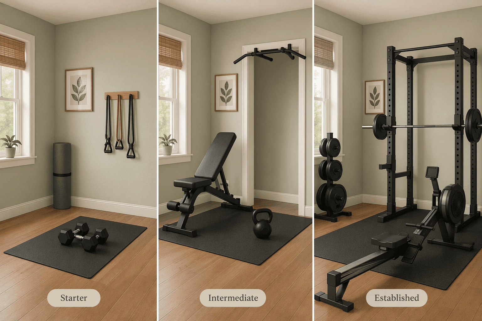 Three-panel illustration of the same room corner showing progression from a minimal starter setup (mat, bands, one dumbbell) to intermediate (add bench, pull-up bar, kettlebell) to established (rack, barbell, rower).
