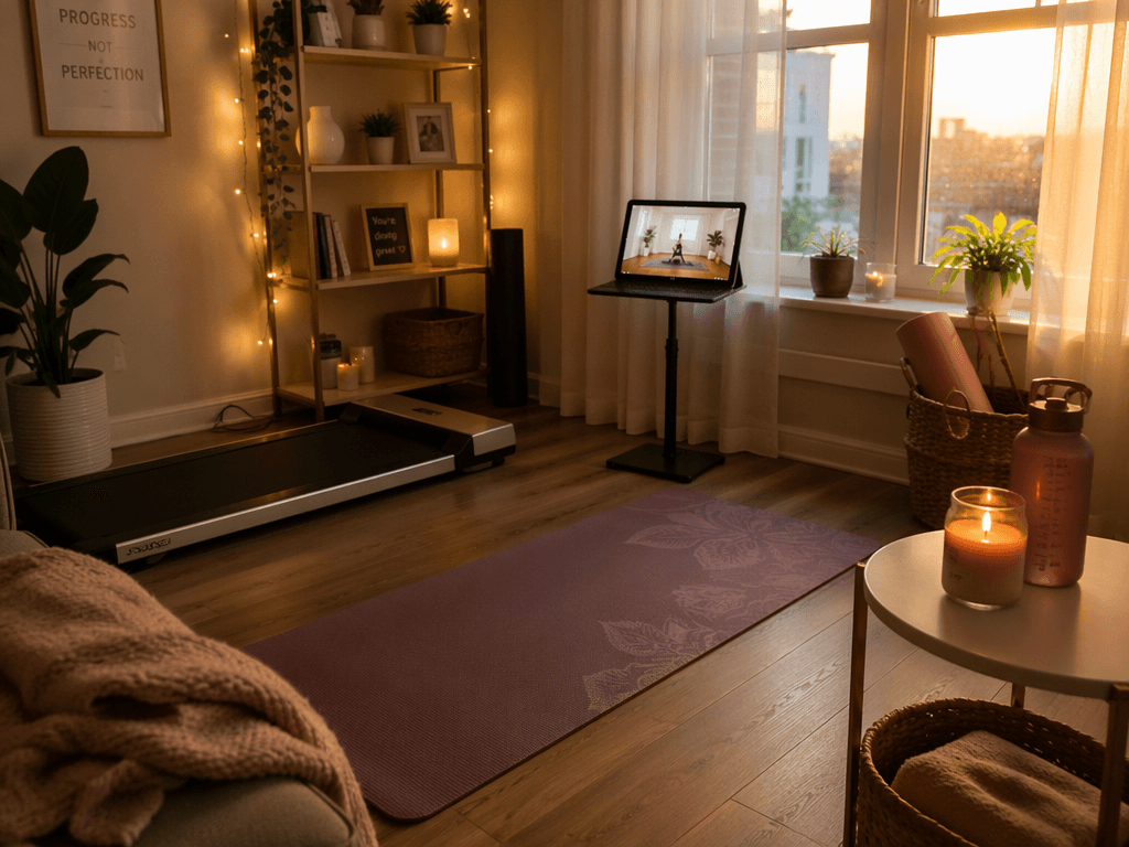 A cozy home workout corner with a yoga mat, compact walking pad, lit candle, string lights, tablet on a stand, soft blanket, and water bottle.