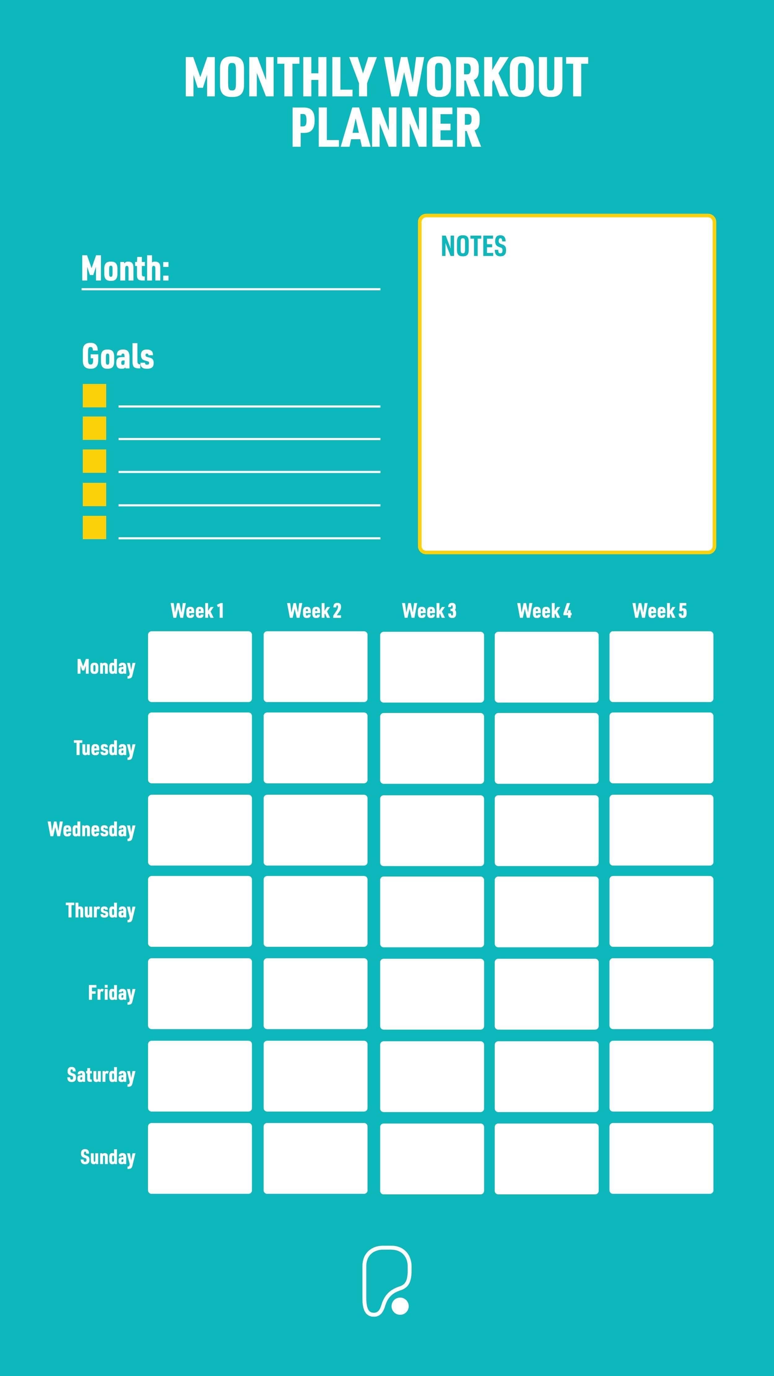 Blank PureGym monthly workout planner template with empty calendar cells