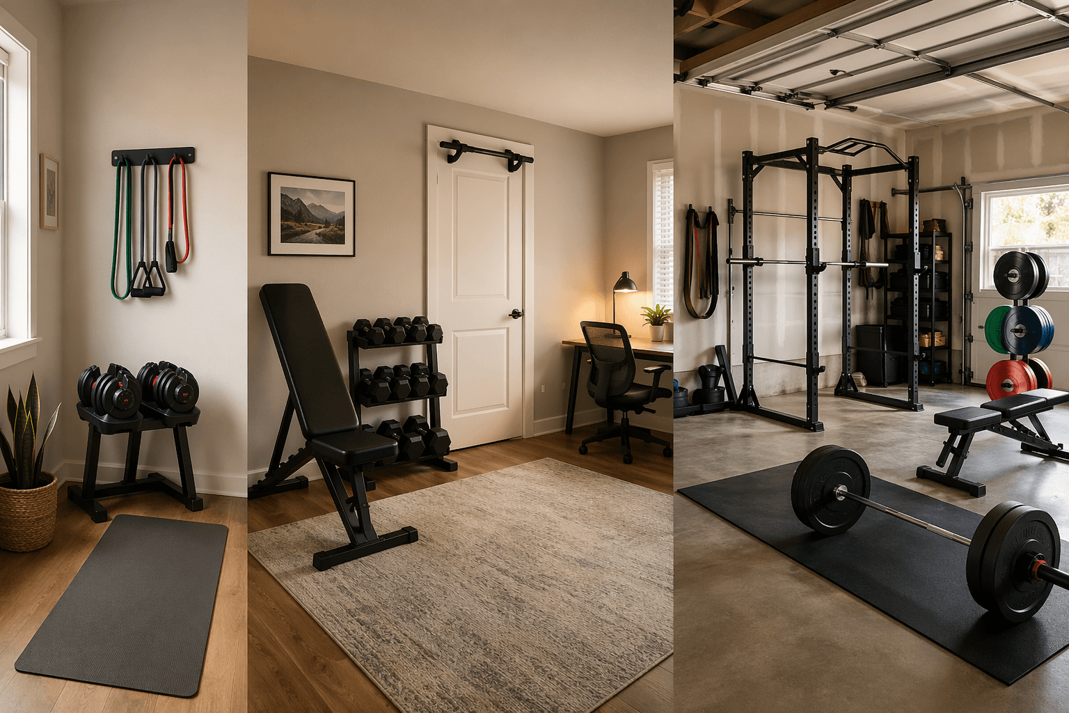 Three home gym setups arranged by increasing floor space, from apartment corner to spare room to garage rack setup