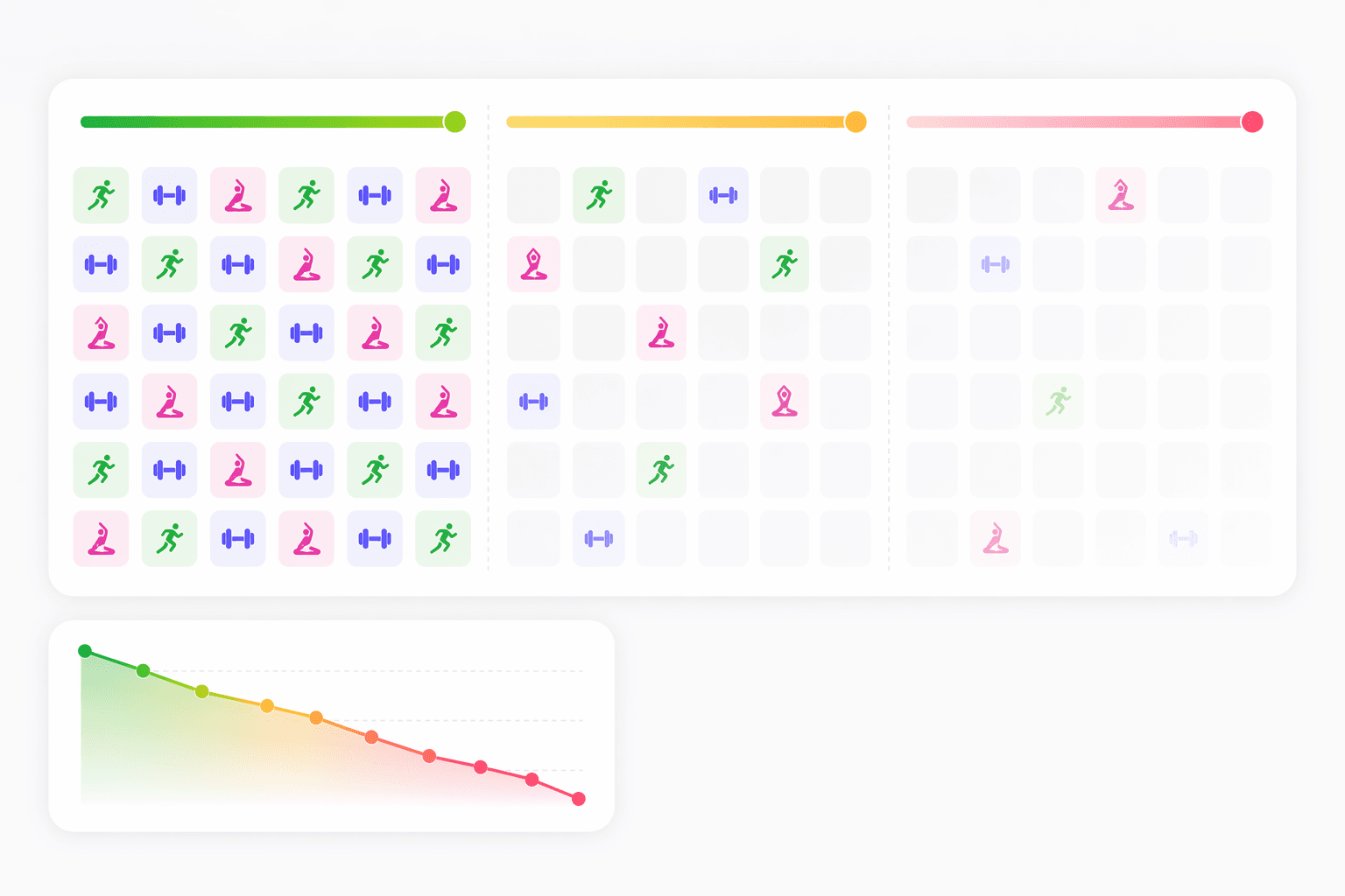 A 90-day workout timeline where activity is dense early and fades by day 90
