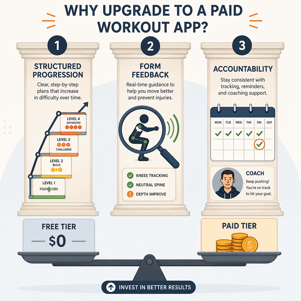 Infographic with three pillars representing the three triggers: Structured Progression (ladder), Form Feedback (magnifying glass), Accountability (calendar with checkmarks). Scale at bottom compares Free with Paid.