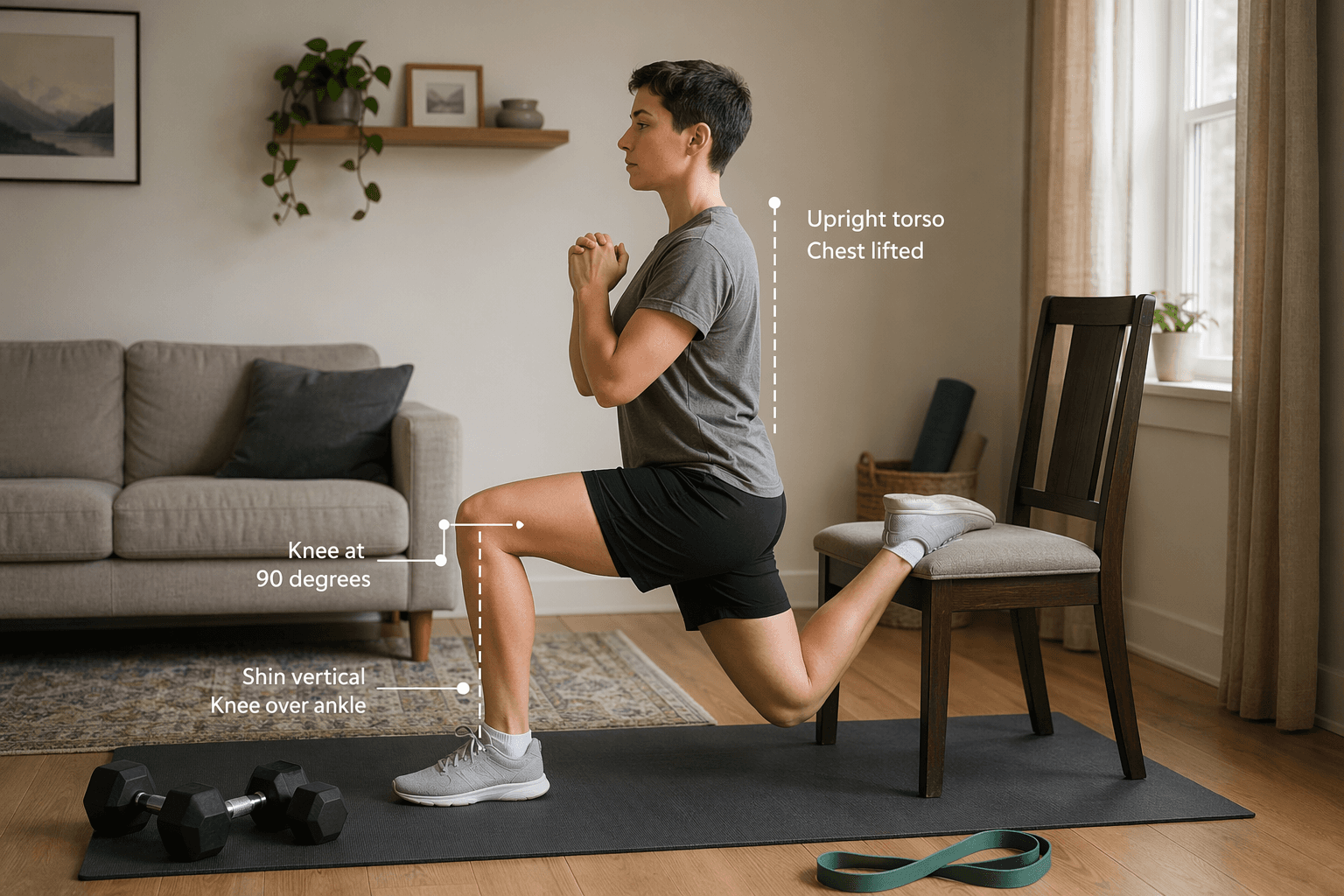 A person performing a Bulgarian split squat in a modest living room, with one foot on a chair, upright torso, and a dumbbell in each hand. A yoga mat and resistance band are visible on the floor.
