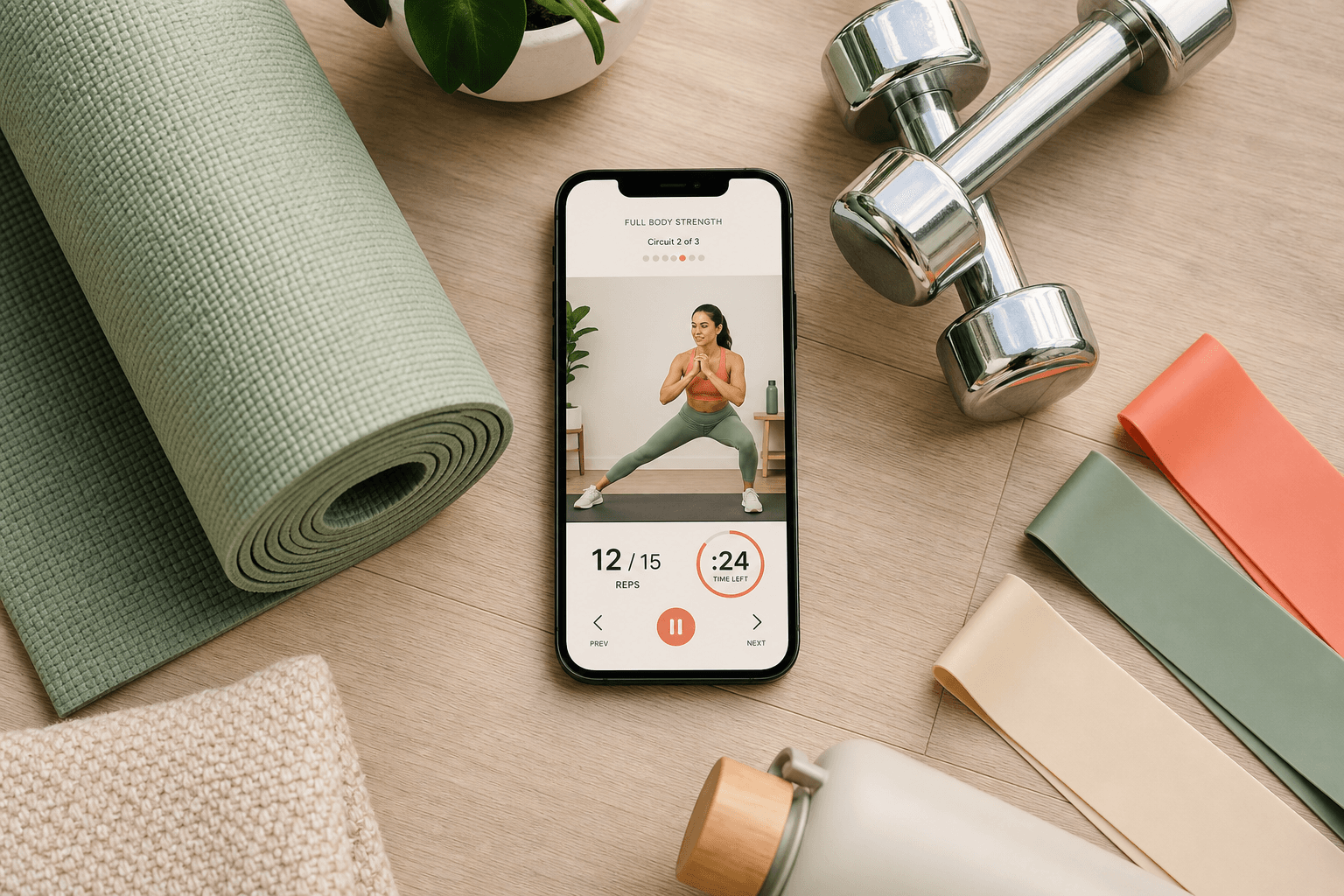 A flat-lay composition on a light wooden surface: a smartphone centered in the frame shows a fitness app interface with a female instructor mid-exercise, a rep counter and timer. Around the phone are a sage green yoga mat, chrome dumbbells, and colorful resistance bands.