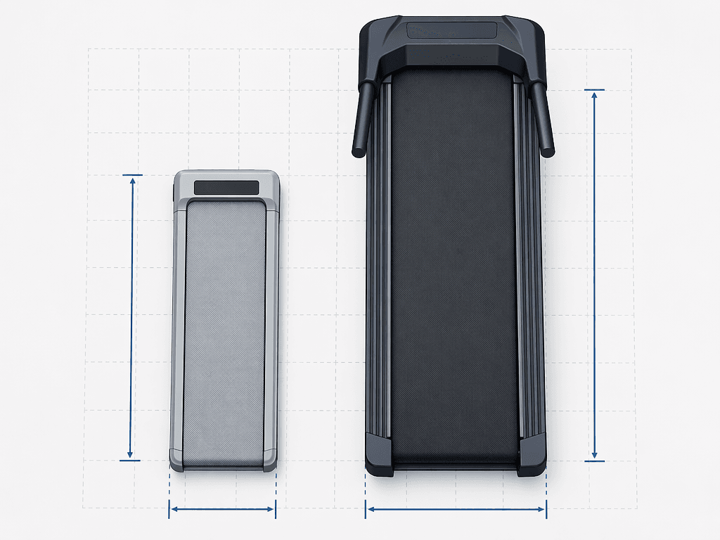 A top-down flat vector comparison of a narrow walking pad deck on the left and a wider full-size treadmill deck on the right, placed over a dashed measurement grid showing the size and length difference between the two machines.