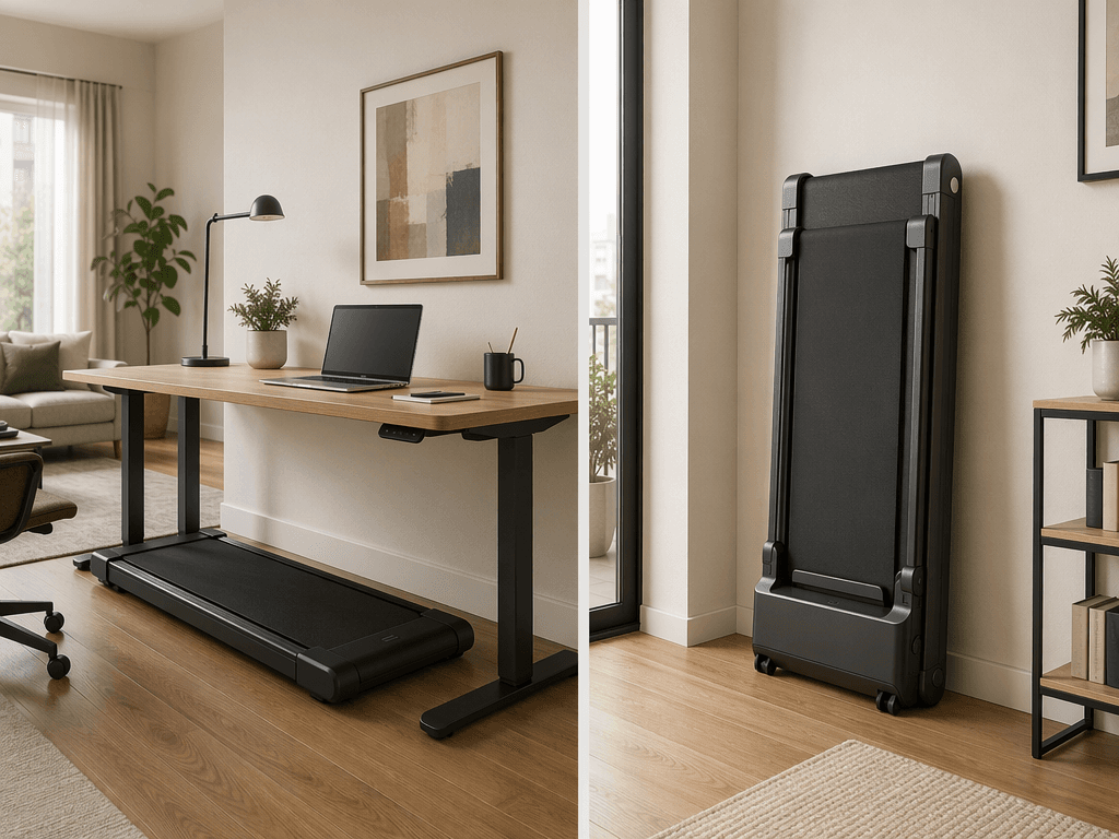 Walking pad stored under a standing desk and folding treadmill stored upright against a wall