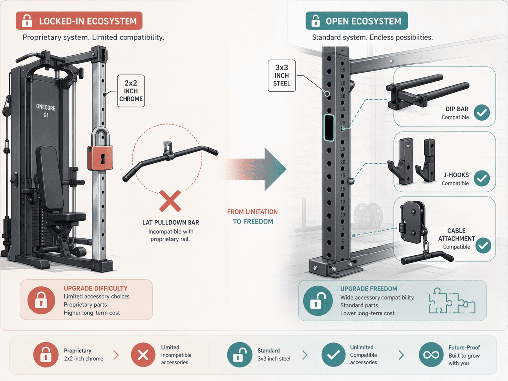 A 2.5D technical illustration comparing an all-in-one machine with specialized 2x2 inch chrome uprights and a padlock icon showing accessory incompatibility on the left, versus a standard 3x3 inch rack with modular accessories attaching freely on the right.