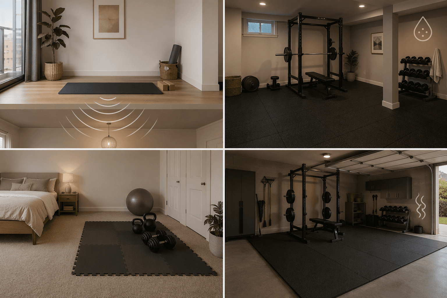 Apartment, basement, spare bedroom, and garage gym settings with flooring concerns