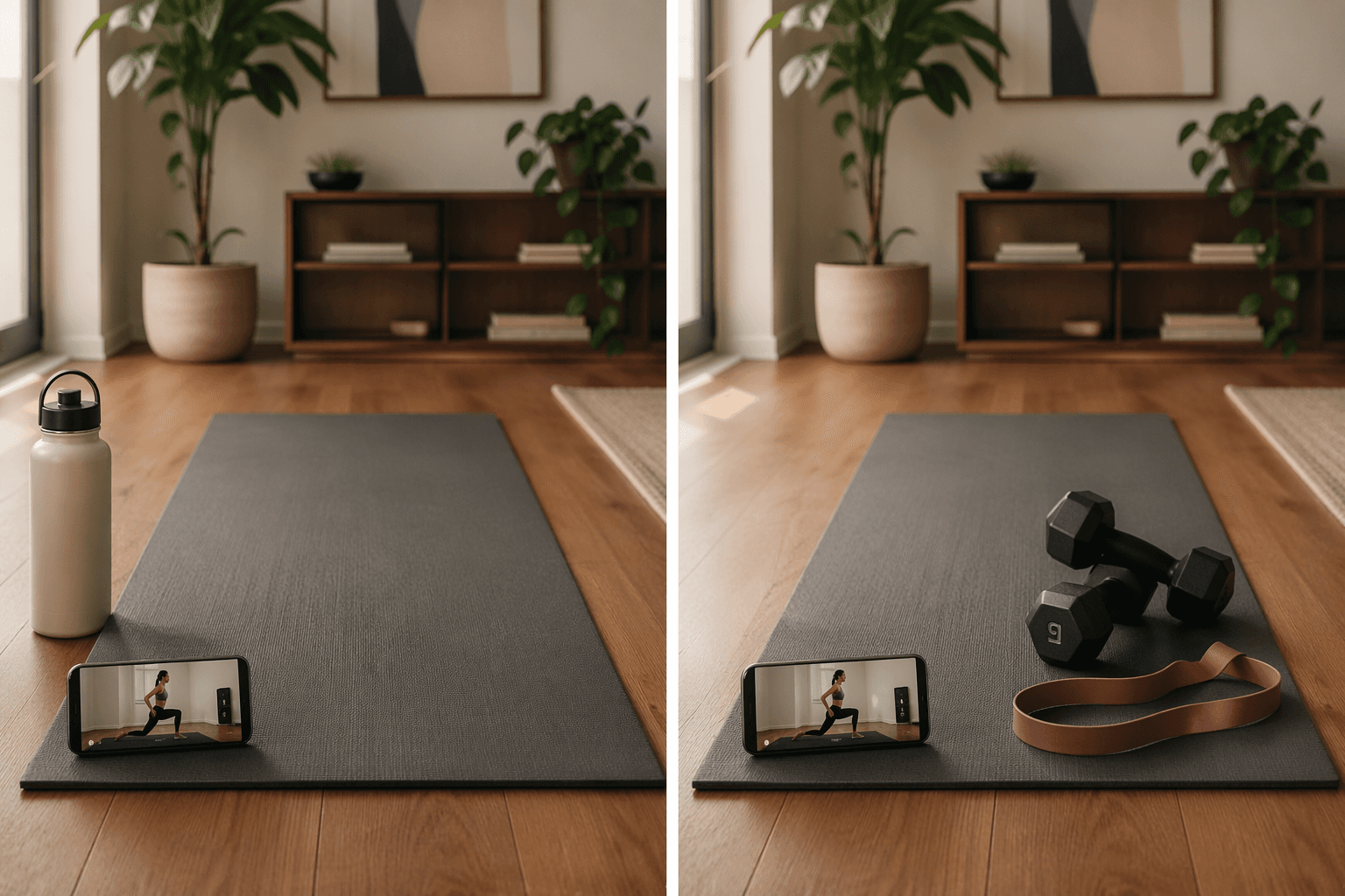 Side-by-side editorial composition showing two home workout setups on yoga mats: left side with only a water bottle and smartphone representing zero-equipment training, right side with the same setup plus small dumbbells and a resistance band representing minimal-equipment training, both in a warm apartment setting with natural light.