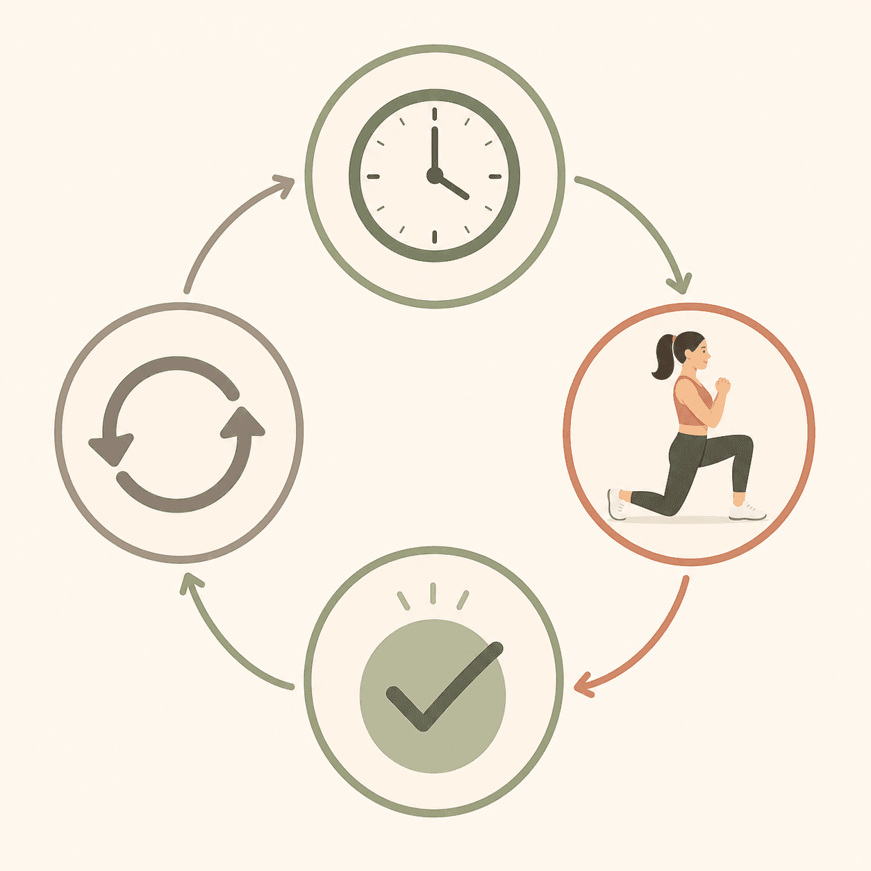 A diagram with four interconnected icons arranged in a circular layout: a clock for cue, a person exercising for routine, a checkmark for reward, and repeating arrows for repetition.
