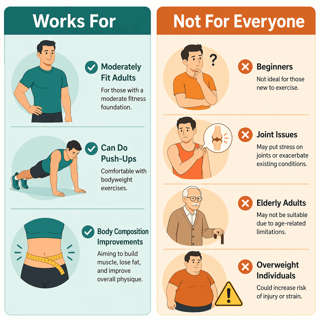 Infographic split into two sections. Left side on teal background shows icons of a moderately fit adult, a push-up figure, and a waist measurement icon. Right side on soft orange background shows caution icons for a beginner, joint stress, an elderly person, and an overweight person with a warning symbol.