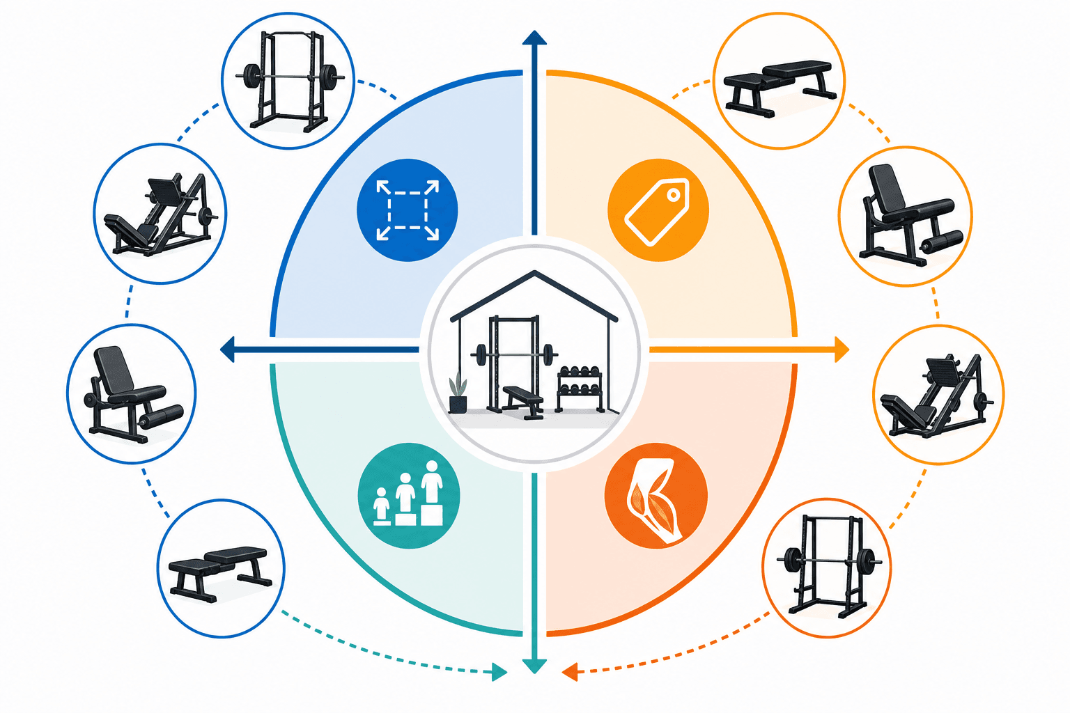 An editorial four-quadrant diagram showing a decision framework for leg equipment with constraint axes for space, budget, experience level, and training goal, with simplified silhouette icons of different leg machine types positioned across the quadrants