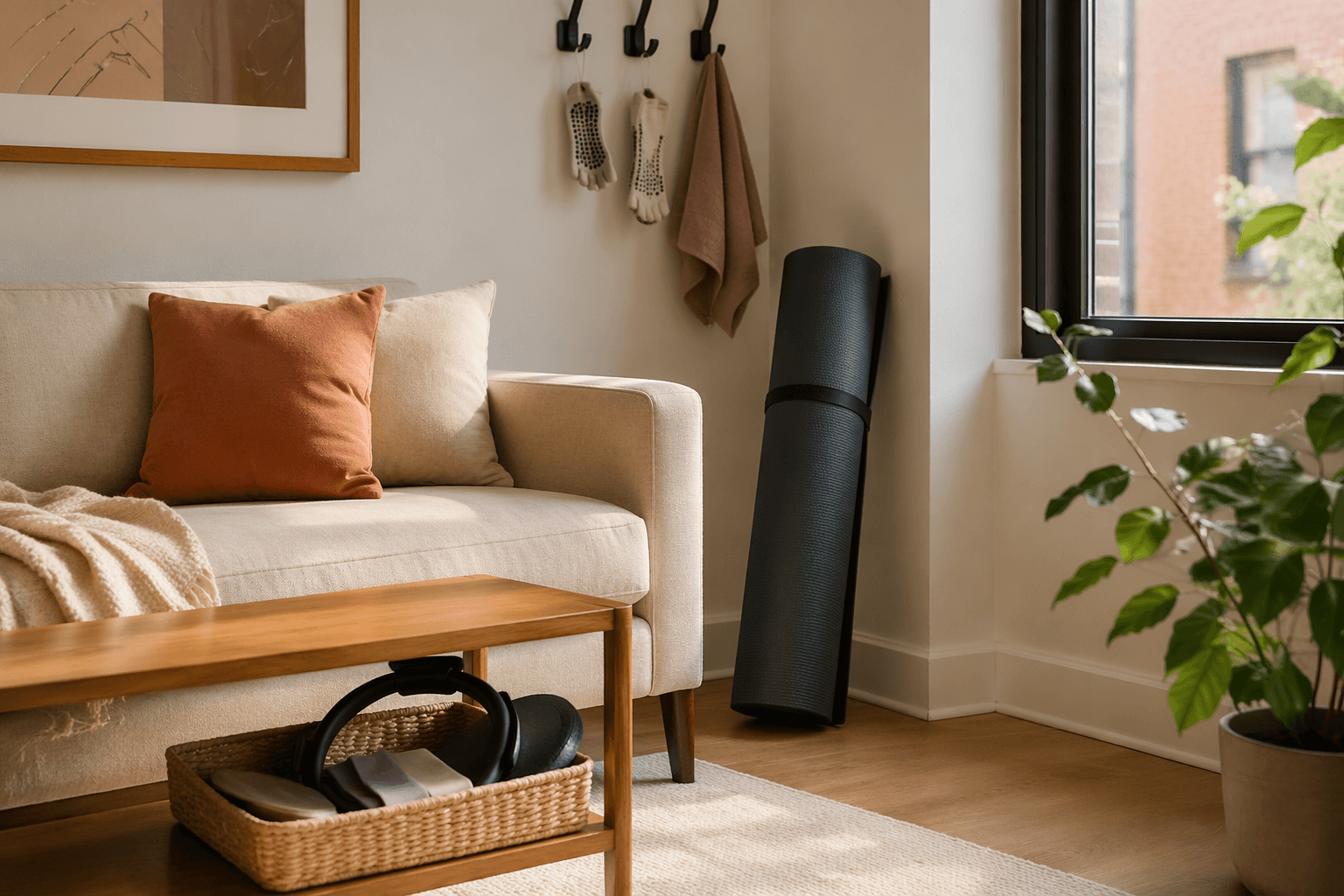 Organized apartment corner with a rolled Pilates mat, basket of small Pilates equipment, and wall hooks