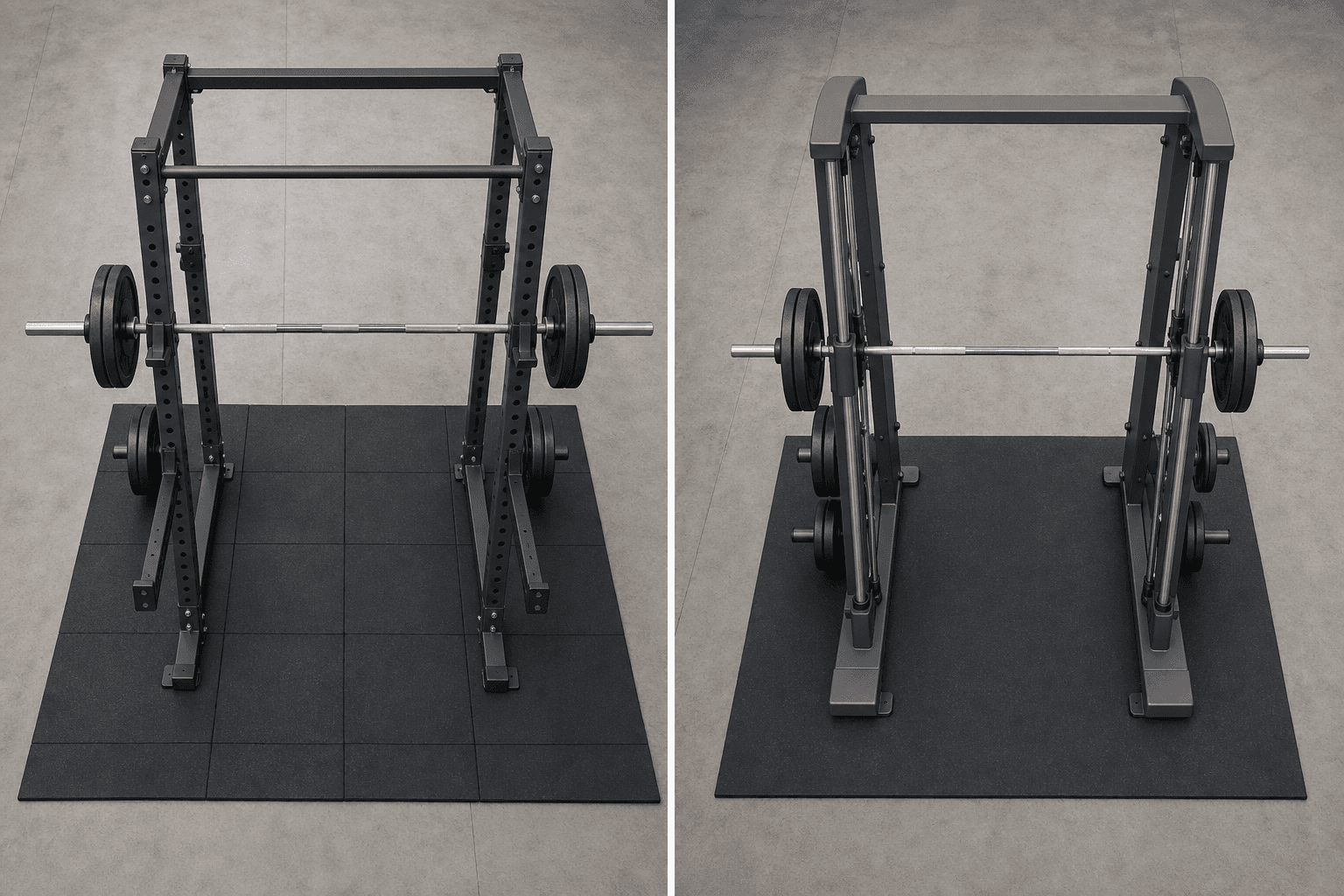 Split-panel illustration comparing a four-post power rack with free barbell on the left and a Smith machine with guided bar rails on the right, both on rubber mat flooring