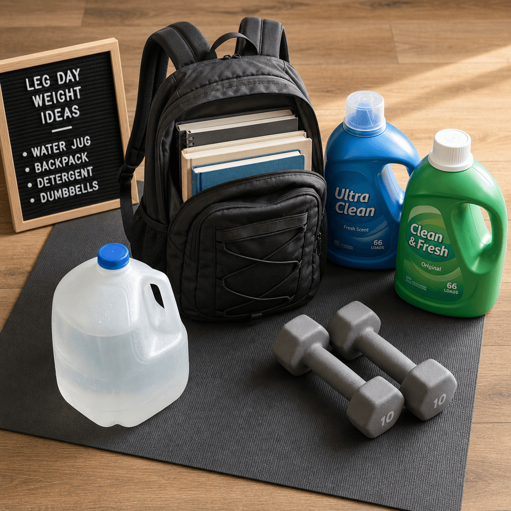 Flat-lay on a wooden floor showing a milk jug, a stuffed backpack, two detergent bottles, and dumbbells resting on a yoga mat.