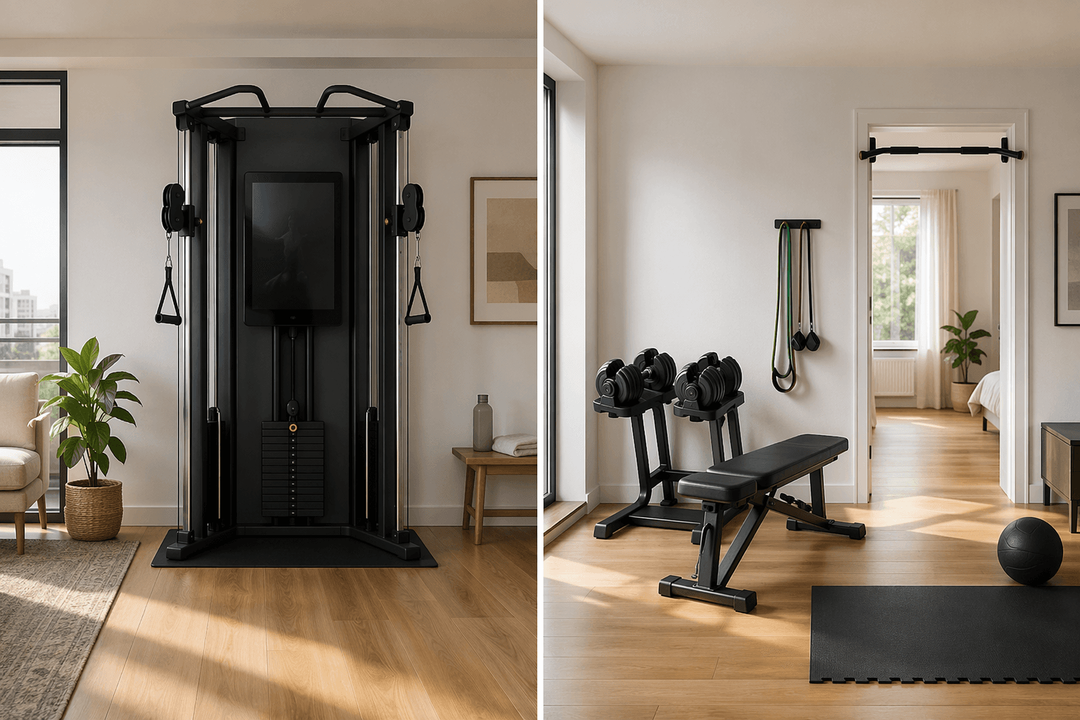 All-in-one home gym machine beside a modular dumbbell, bench, band, and pull-up bar setup in an apartment