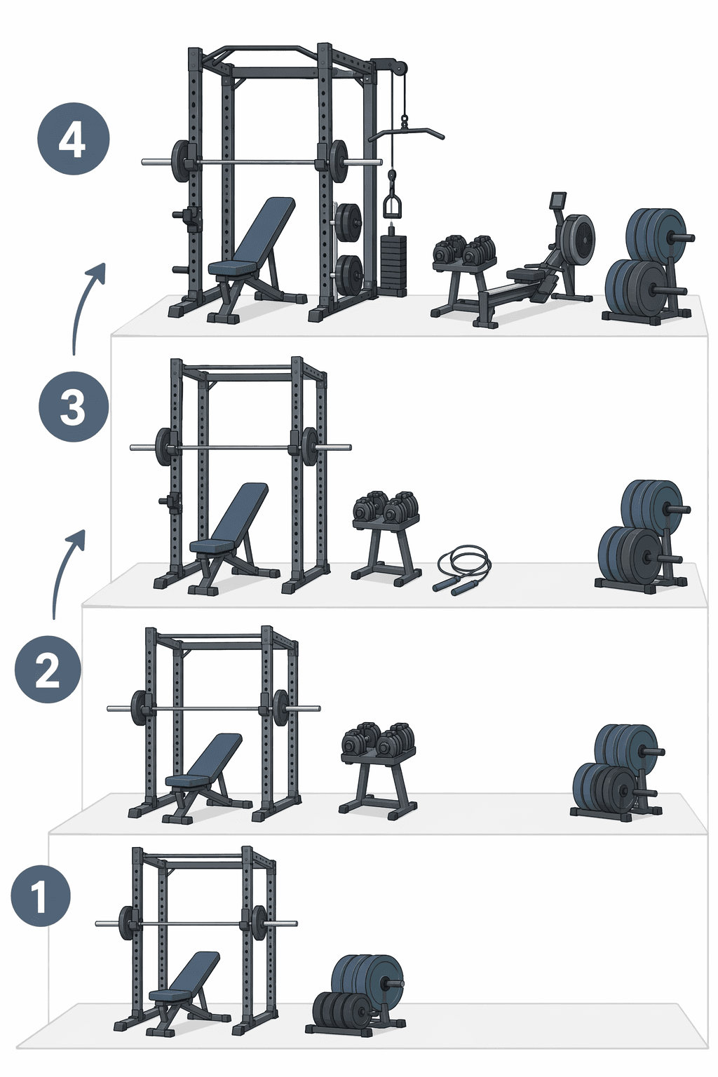 A step-ladder flat-vector infographic showing four home gym progression phases: Phase 1 (rack, barbell, bench, plates), Phase 2 (adds adjustable dumbbells and jump rope), Phase 3 (adds rowing machine), Phase 4 (larger rack with cable pulley, more plates, rower).