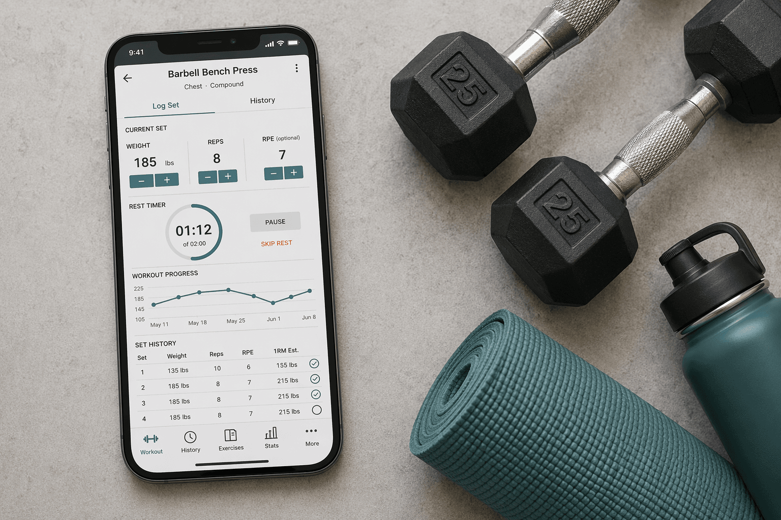 A smartphone displaying a workout app with set tracking and progress chart, surrounded by dumbbells, yoga mat, and water bottle on a light gray surface.