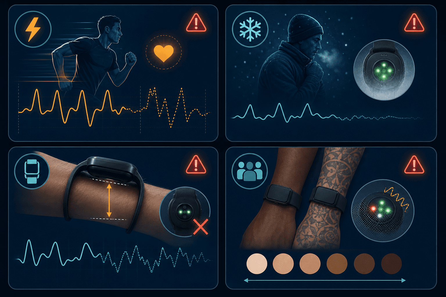 Four-panel grid infographic showing scenarios: HIIT with a broken heart rate line, cold weather with a faded sensor icon, loose fit with an X mark, and dark skin/tattoos with a struggling sensor, each with a red warning indicator.