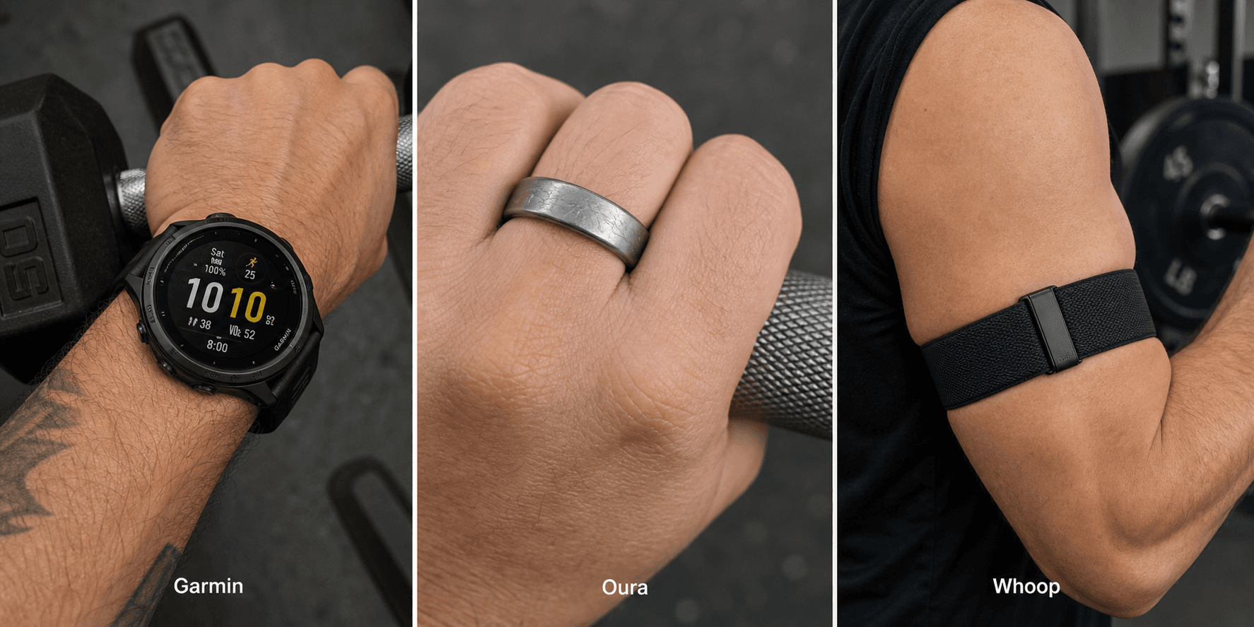 Three panels showing each wearable during weightlifting: Garmin Forerunner 265 watch on wrist gripping dumbbell, Oura Ring 4 on finger gripping barbell with scratches visible, Whoop 5.0 band on bicep during lifting. Each panel labeled.