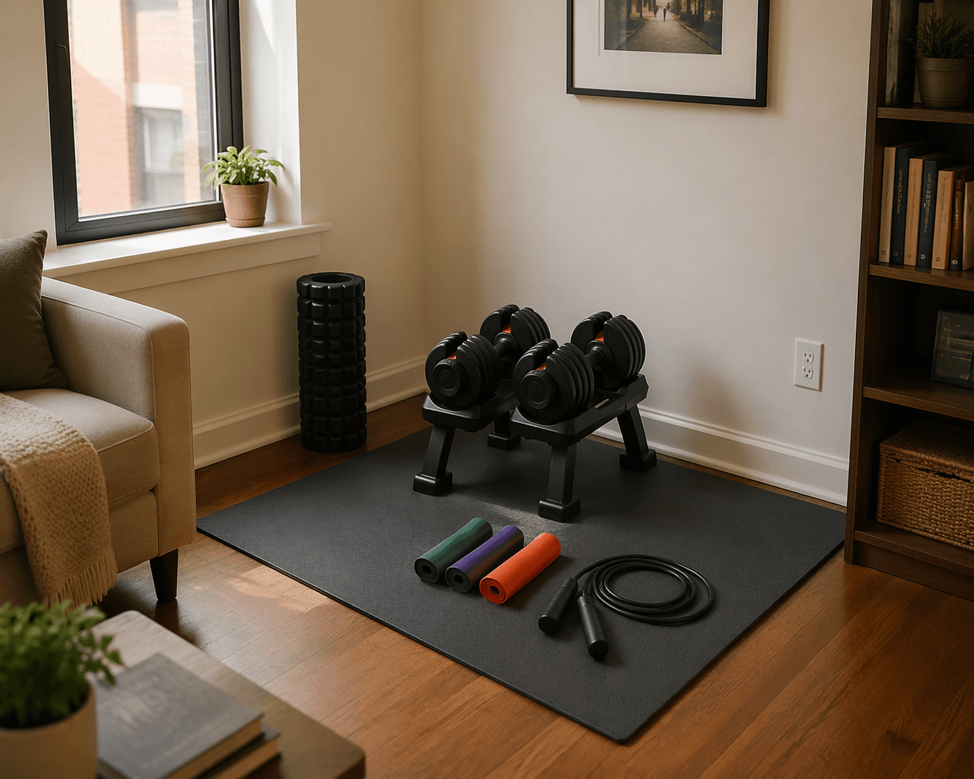 Phase 1 starter equipment arranged on a mat in an apartment corner: adjustable dumbbells, resistance bands, a jump rope, and a foam roller.
