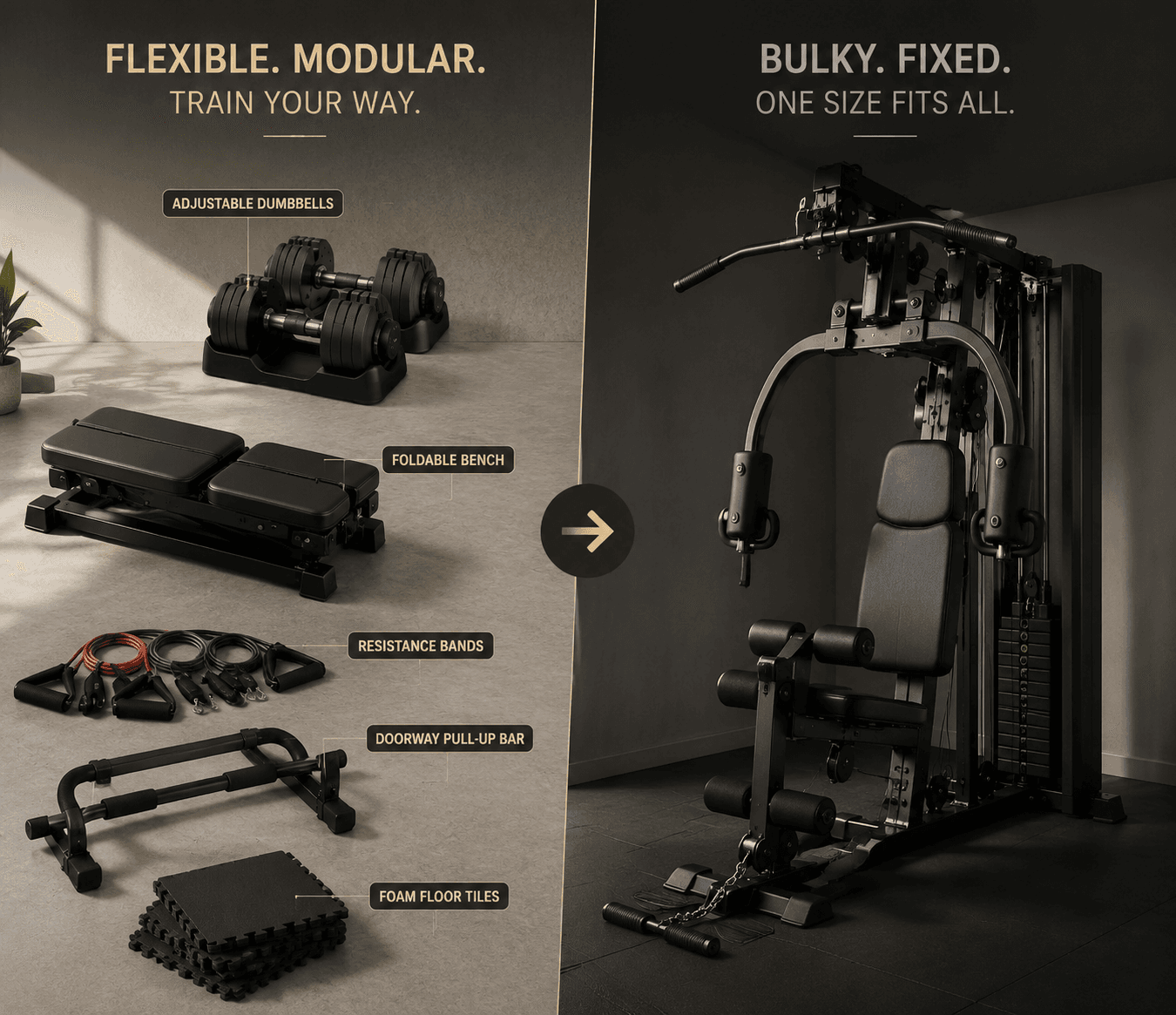 A split-screen comparison of modular compact gym equipment beside a single all-in-one home gym machine