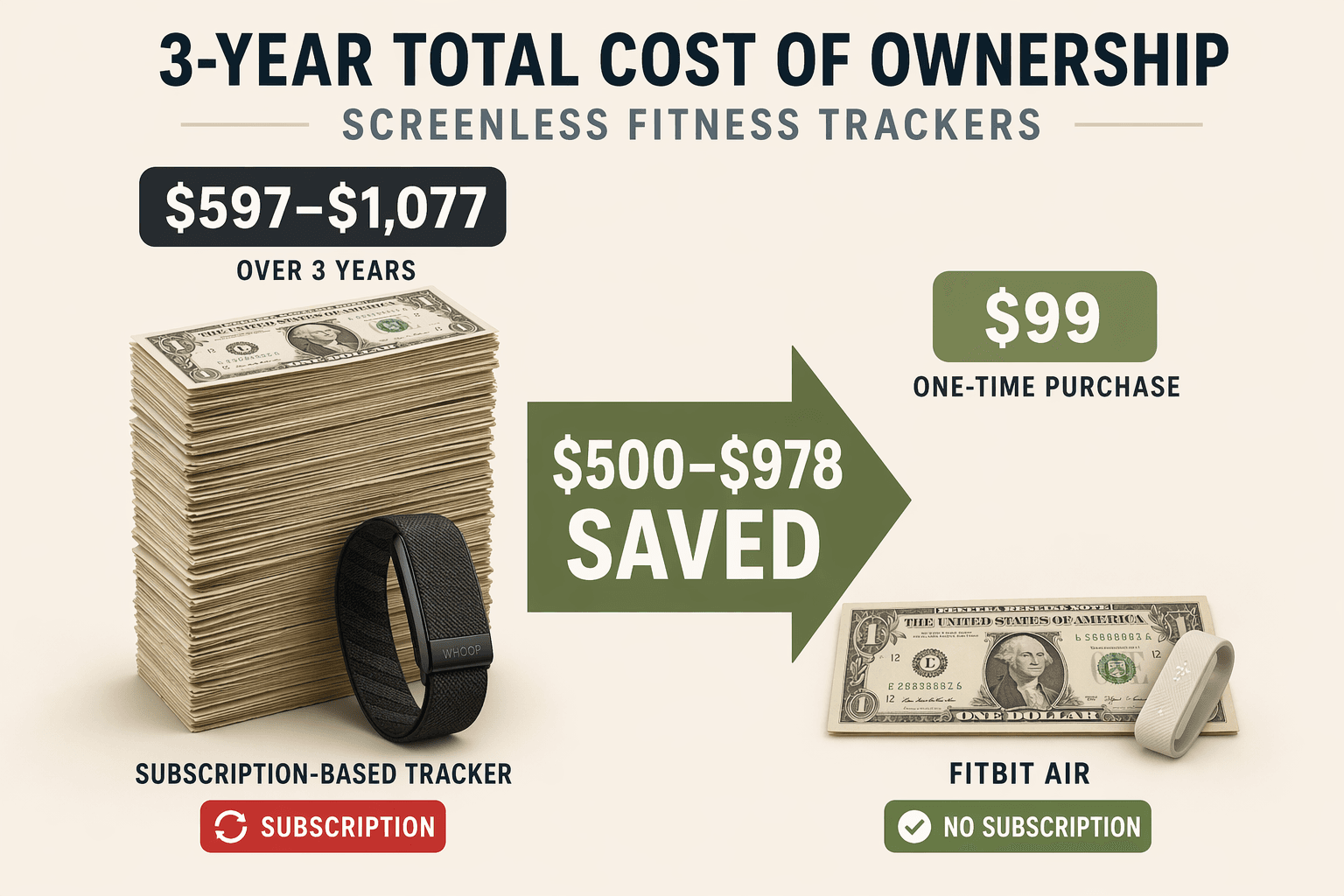 Infographic comparing 3-year costs: a tall stack of dollar bills representing $597-$1077 for a subscription tracker vs. a single $99 bill for a no-subscription tracker, with a savings callout of $500-$978.