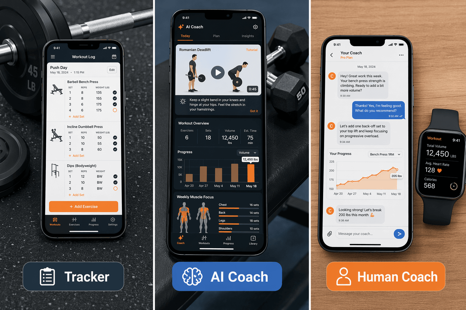 Flat illustration showing three panels: a workout tracker app on a gym floor with a barbell, an AI fitness app on a bench with dumbbells, and a coaching app with an Apple Watch next to it, each labeled respectively.