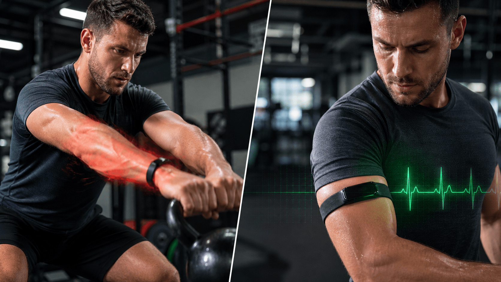 Split scene: left side shows a wrist during dynamic movement with motion blur and warm-toned distortion representing tracking degradation; right side shows the same arm with the tracker on the biceps via sleeve with steady green data overlays indicating accurate heart rate tracking.
