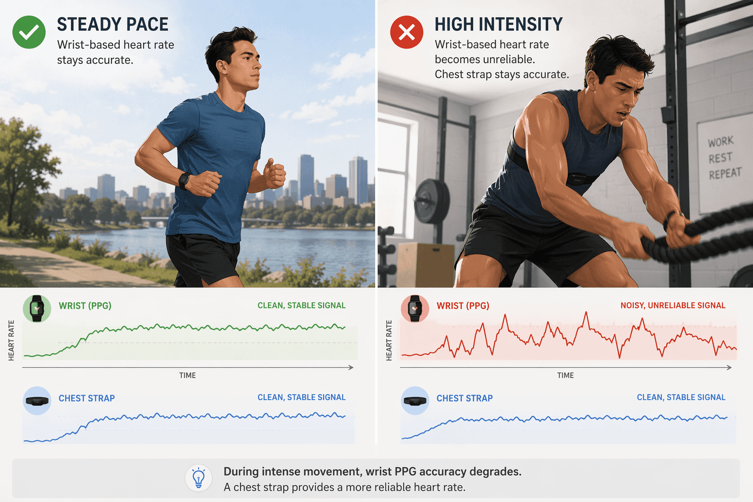 Comparison of steady running wrist heart rate and disrupted interval heart rate beside a chest strap reading