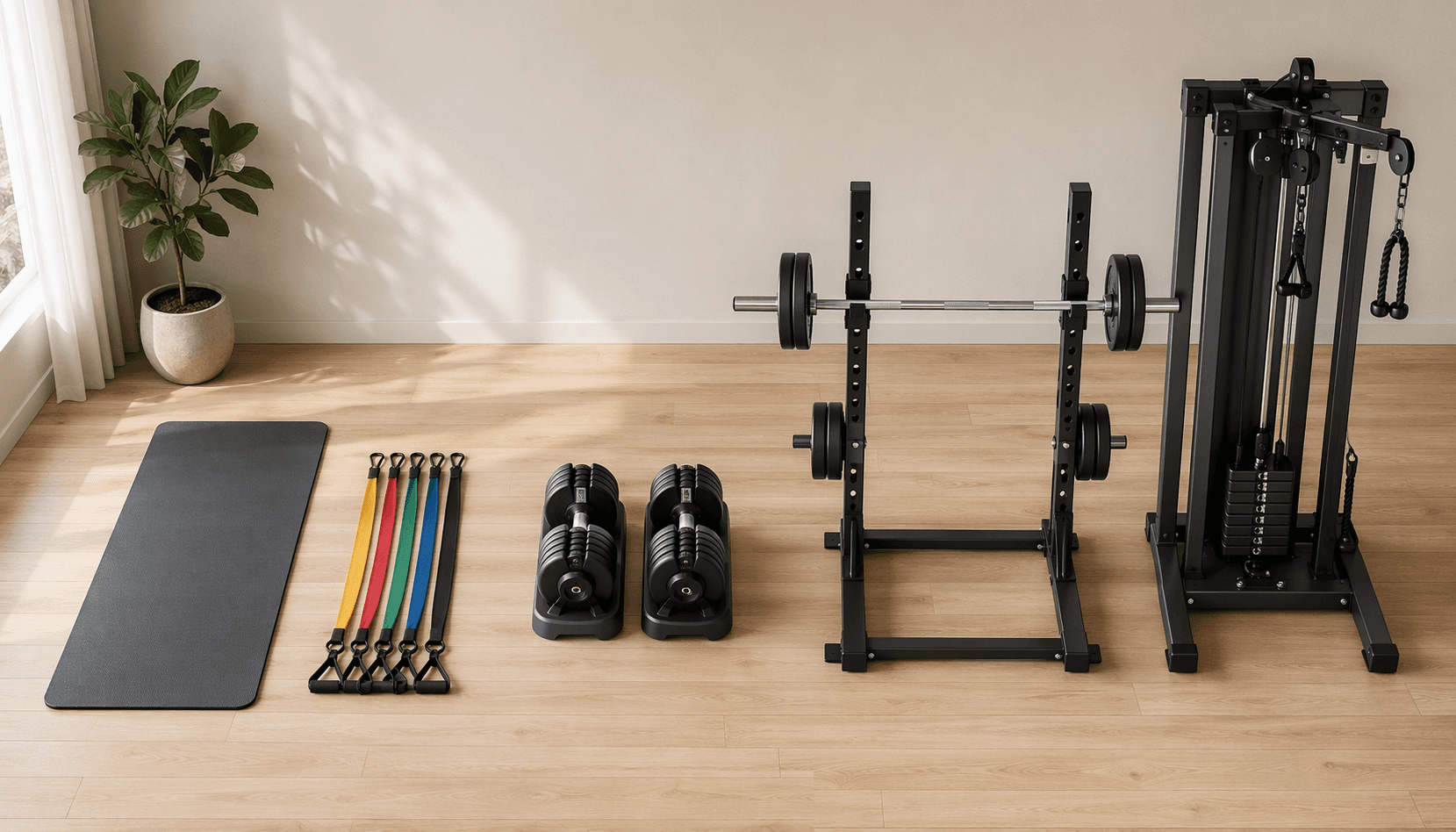 Five home gym equipment tiers arranged from bodyweight mat to bands, dumbbells, barbell setup, and all-in-one cable machine