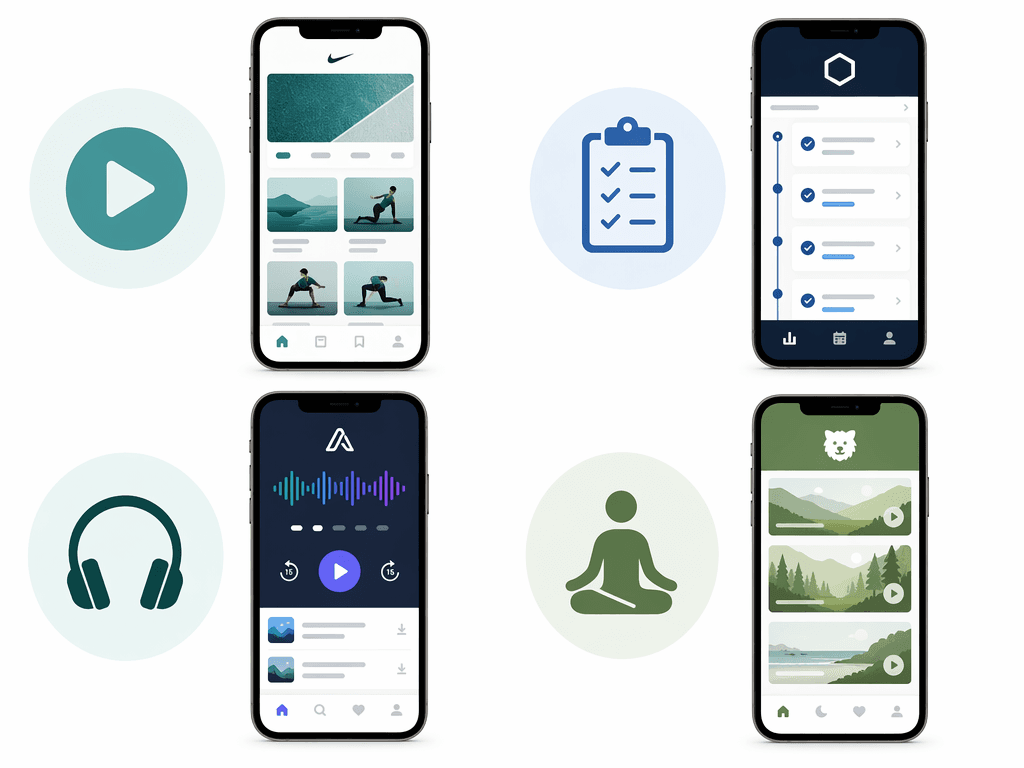 A grid illustration showing four workout app categories with smartphone mockups: Guided Video Classes, Structured Strength Programming, Audio-Based Workouts, and Yoga & Flexibility.