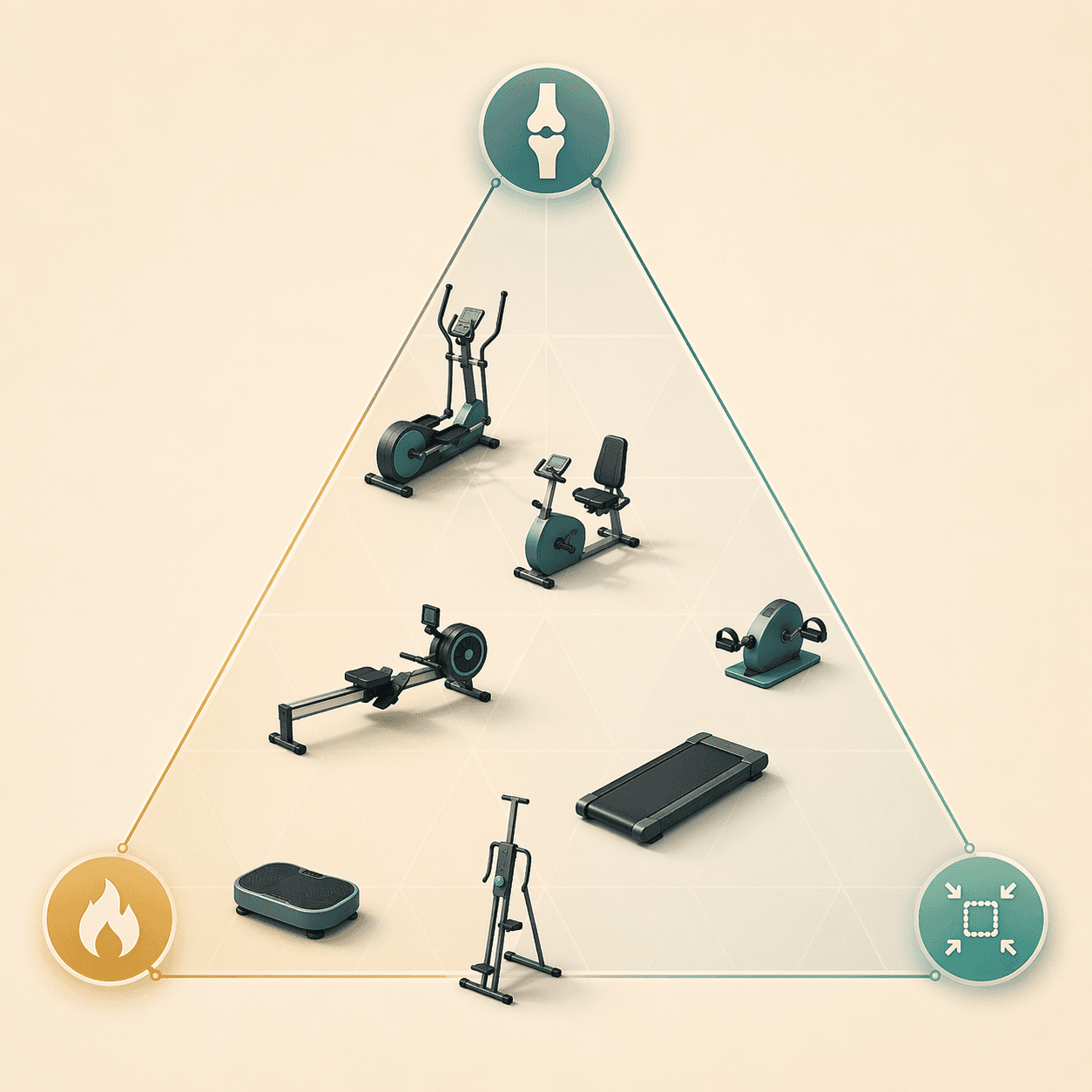 Abstract trade-off map showing seven low impact exercise equipment types positioned between joint load, calorie burn, and space constraints
