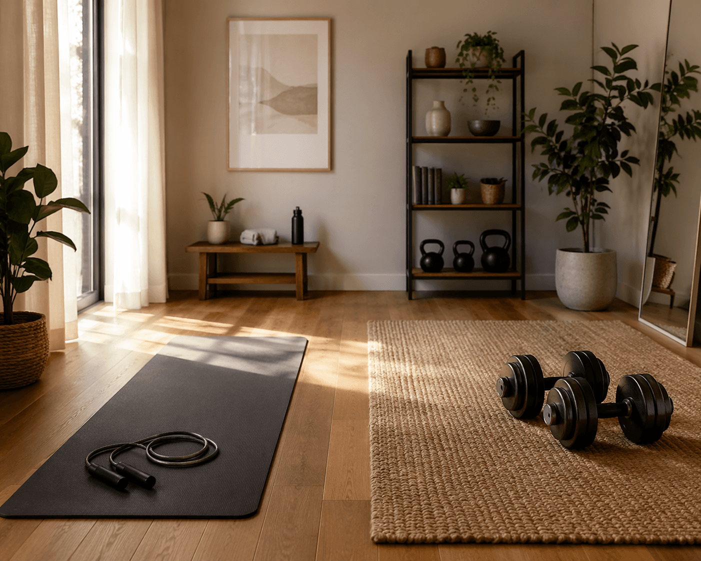 Home workout space divided between jump rope cardio and dumbbell strength training