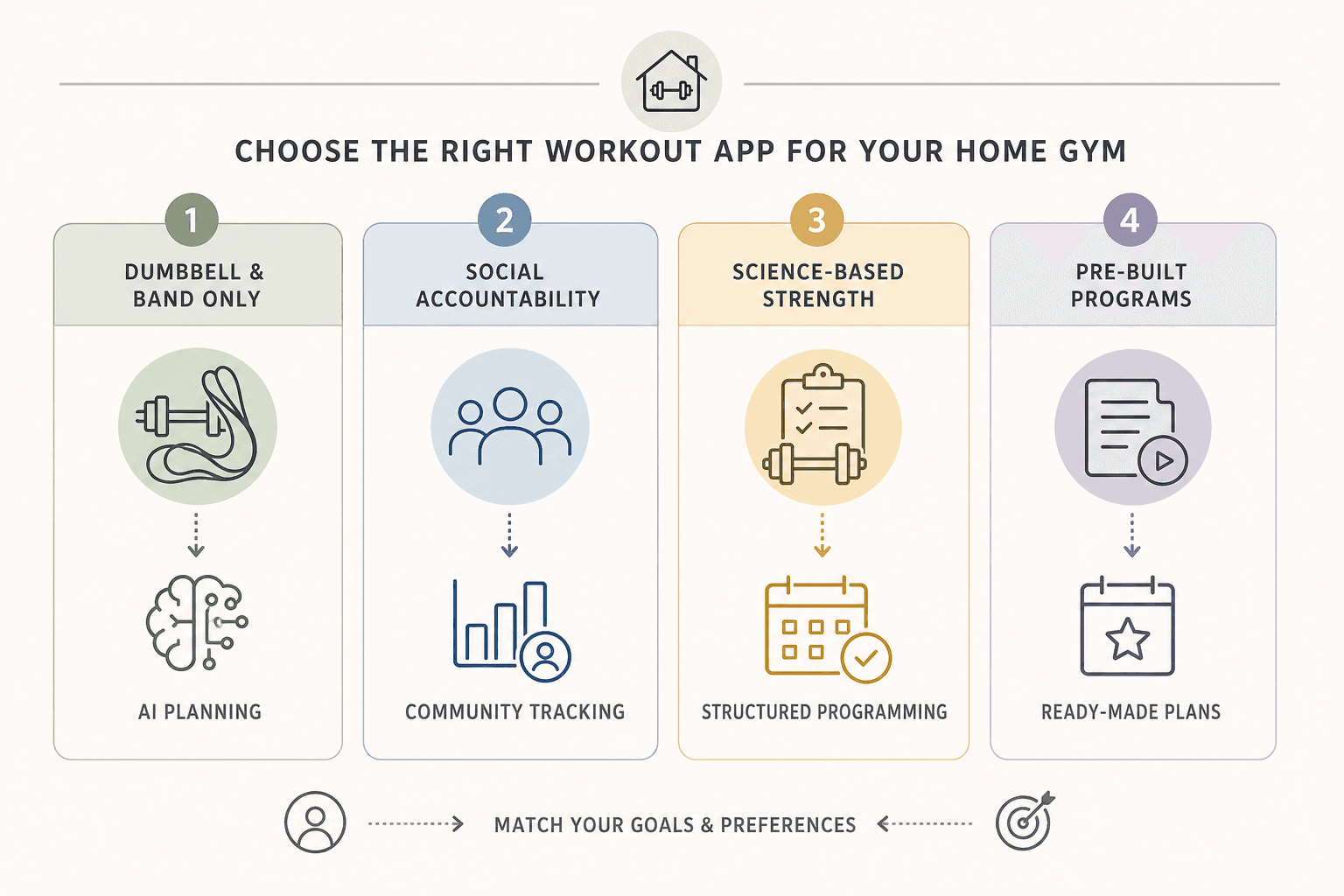 An editorial graphic with four labeled zones representing home gym profiles: 'Dumbbell & Band Only' linked to an AI planning icon, 'Social Accountability' linked to a community icon, 'Science-Based Strength' linked to a structured programming icon, and 'Pre-Built Programs' linked to a ready-made plans icon.