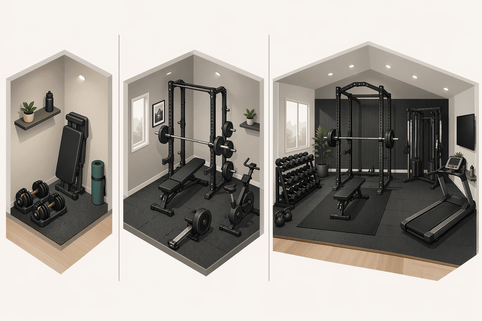 Comparison of compact, mid-size, and dedicated home gym layouts