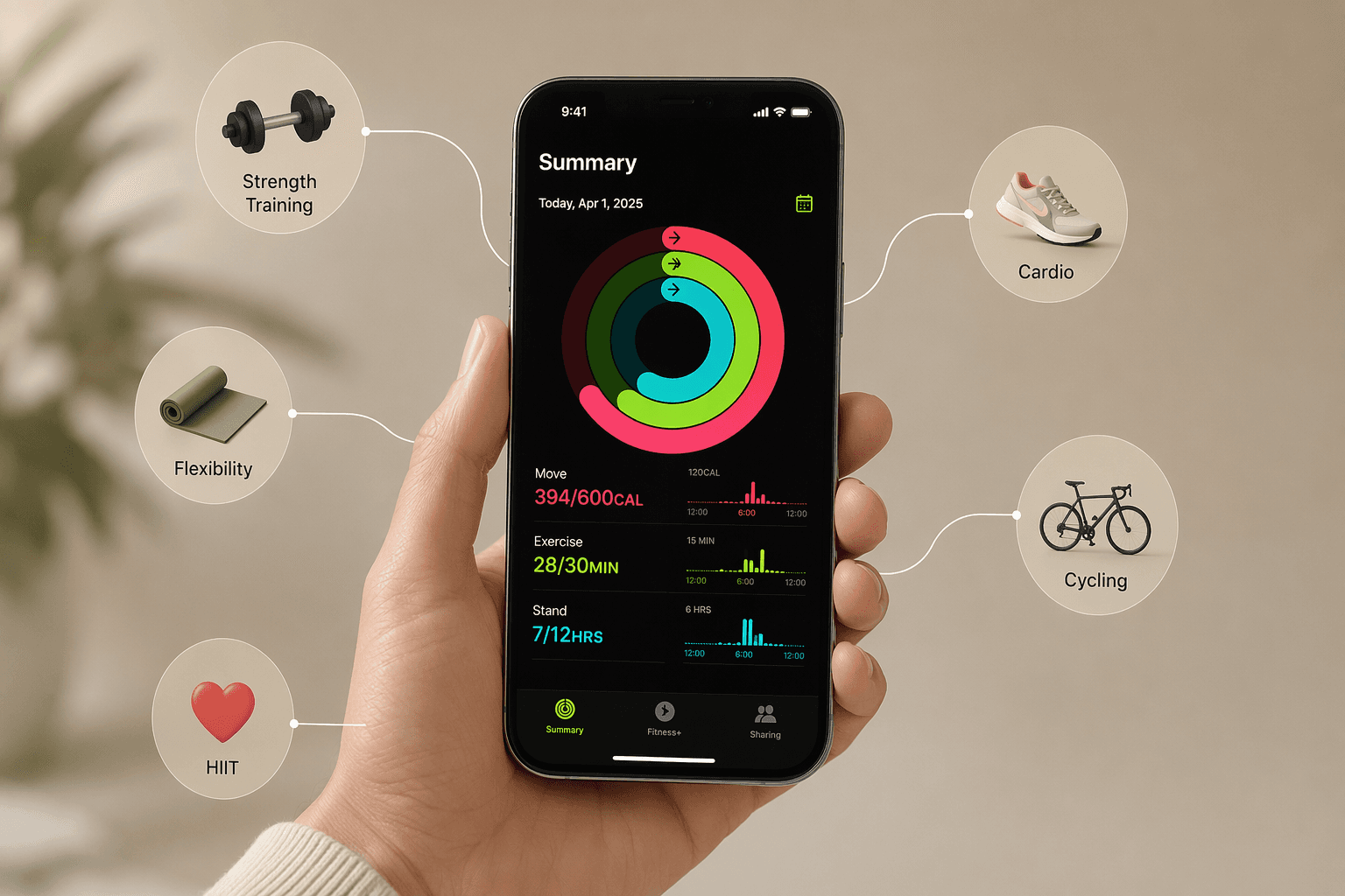 An iPhone held in hand displaying partially filled iOS Fitness activity rings, with small workout-style icons floating around it connected by thin lines.