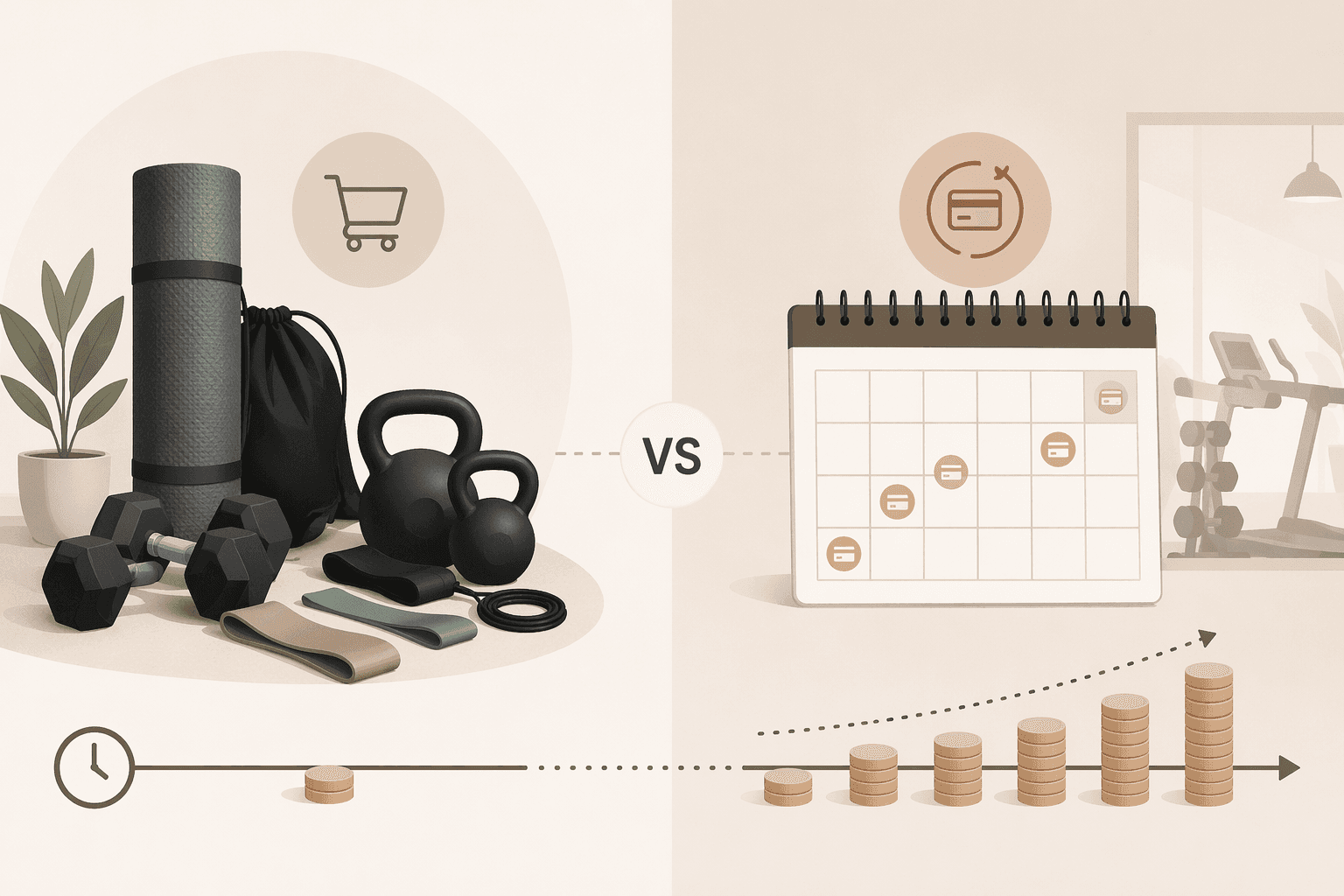 Comparison of upfront home fitness equipment costs and recurring gym membership payments
