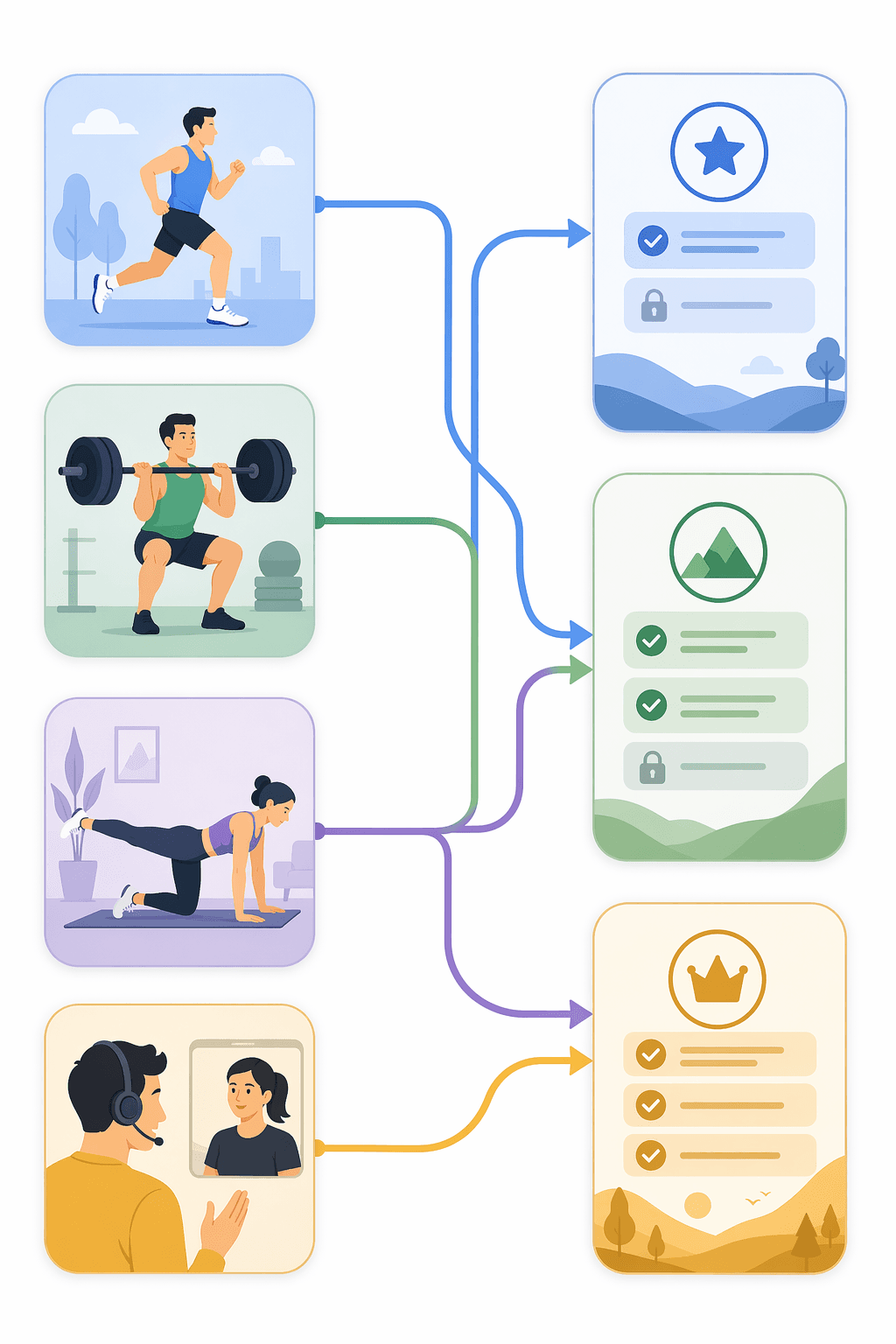 A decision tree matching runners, lifters, home exercisers, and coaching users to free, mid-tier paid, and premium app tiers